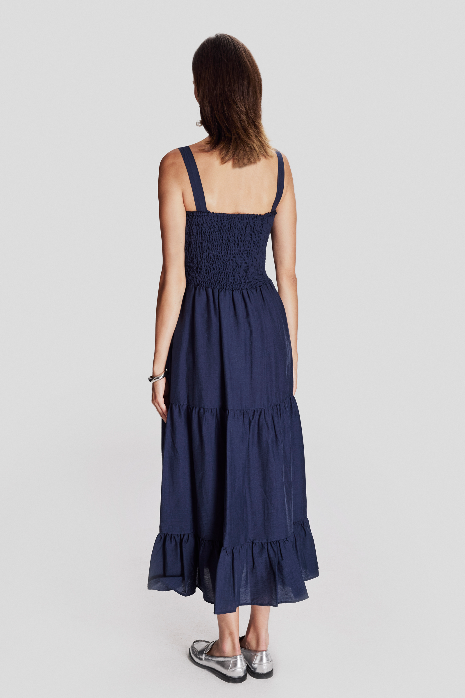 Askılı Fırfırlı Uzun Elbise