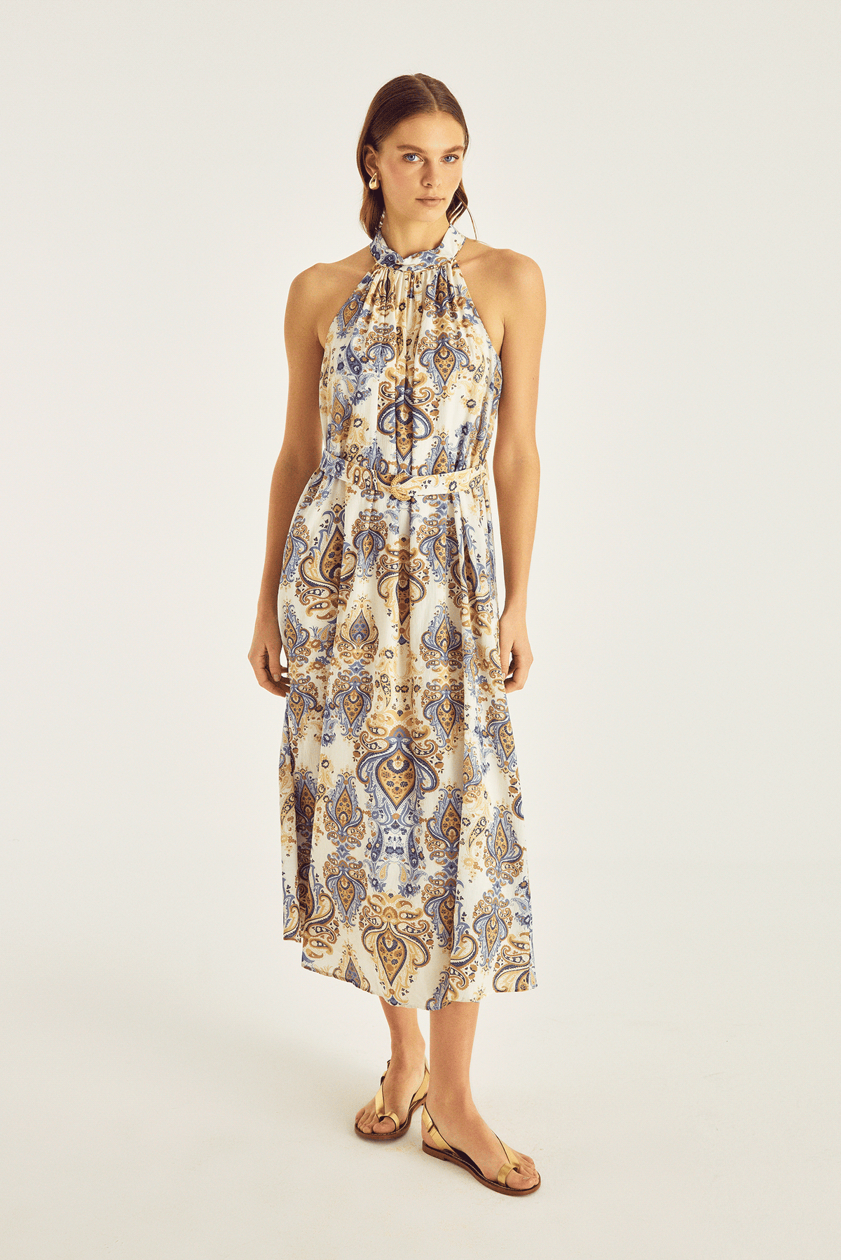 Halter Yaka Midi Boy Desenli Elbise