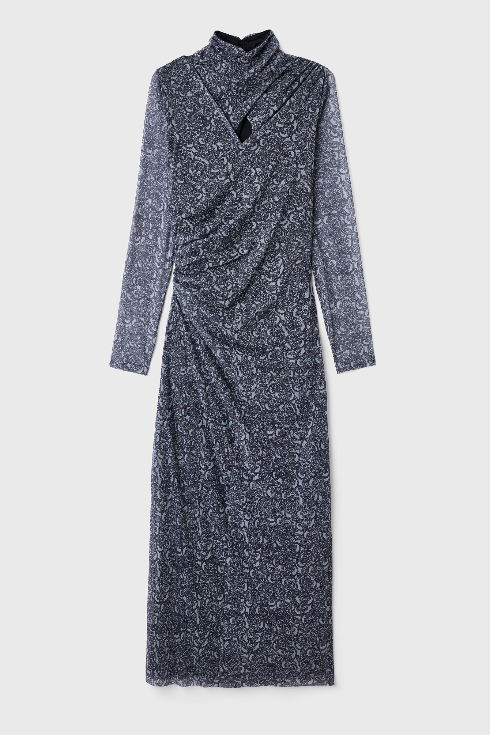 Şal Desen Büzgü Detaylı Uzun Elbise