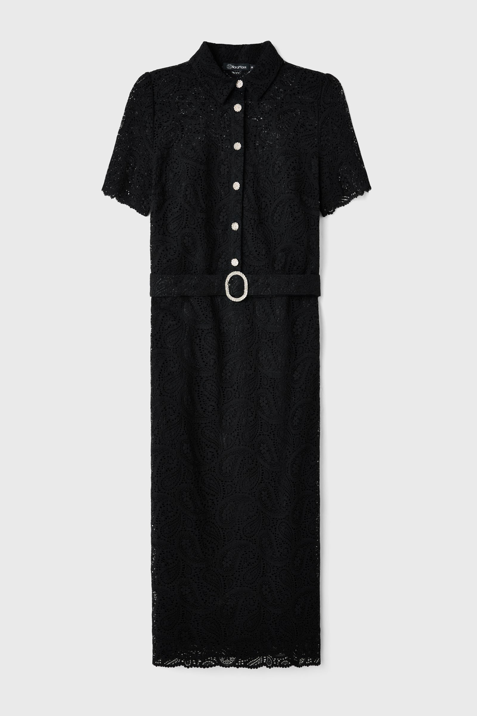 Taşlı Düğmeli Midi Boy Dantel Elbise