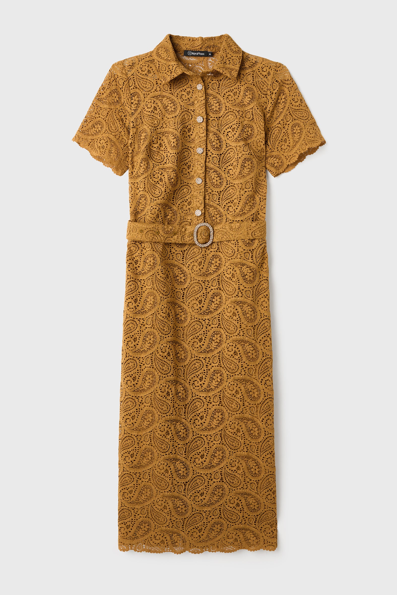 Taşlı Düğmeli Midi Boy Dantel Elbise