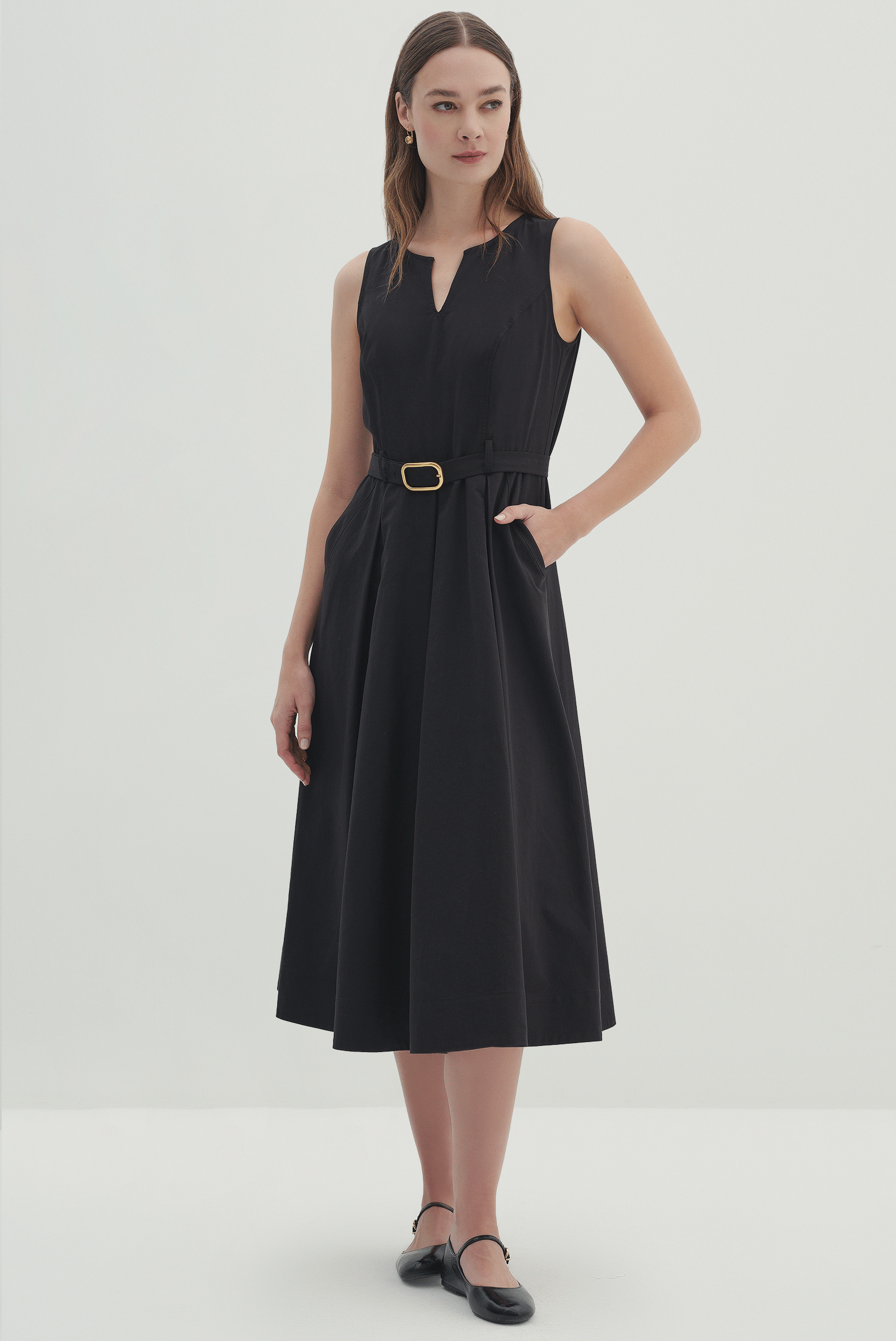 V Yaka Pileli Midi Boy Elbise