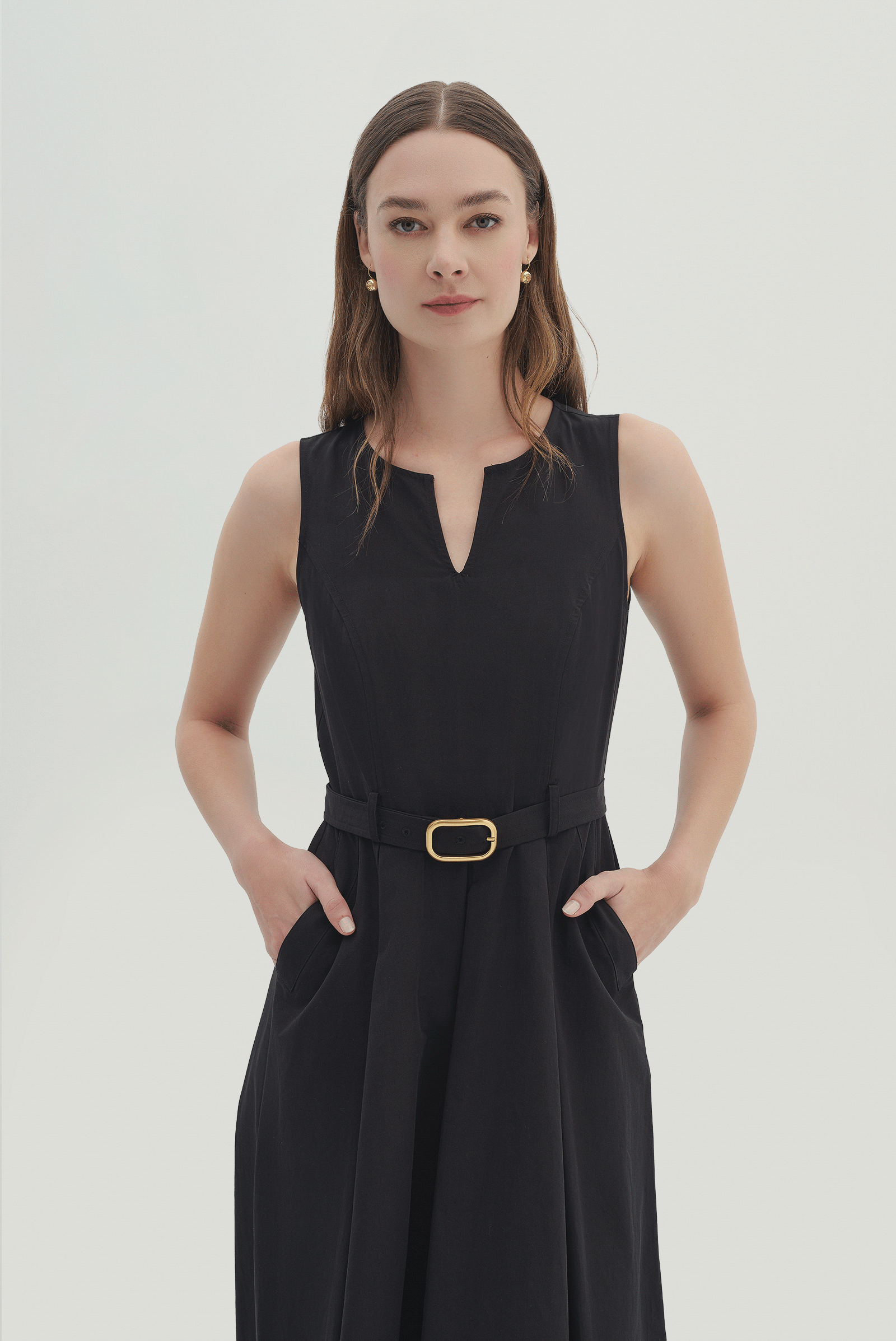 V Yaka Pileli Midi Boy Elbise