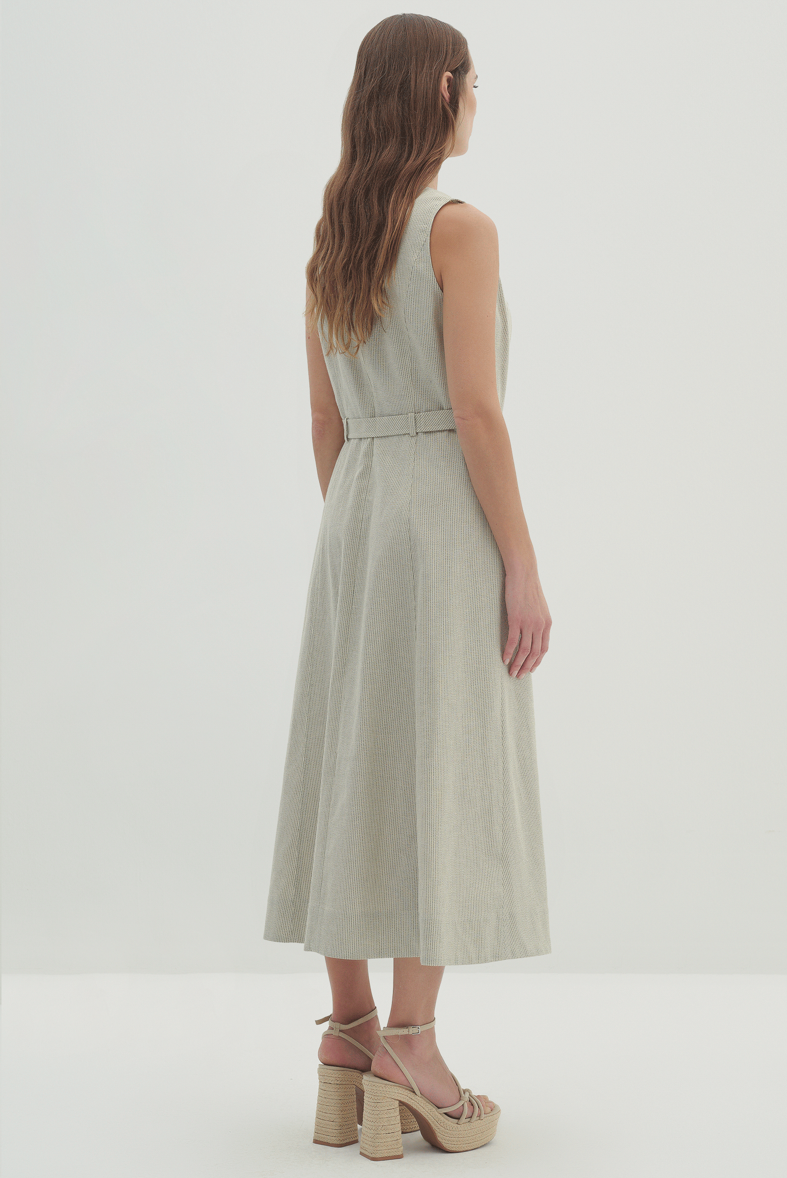 V Yaka Pileli Midi Boy Elbise