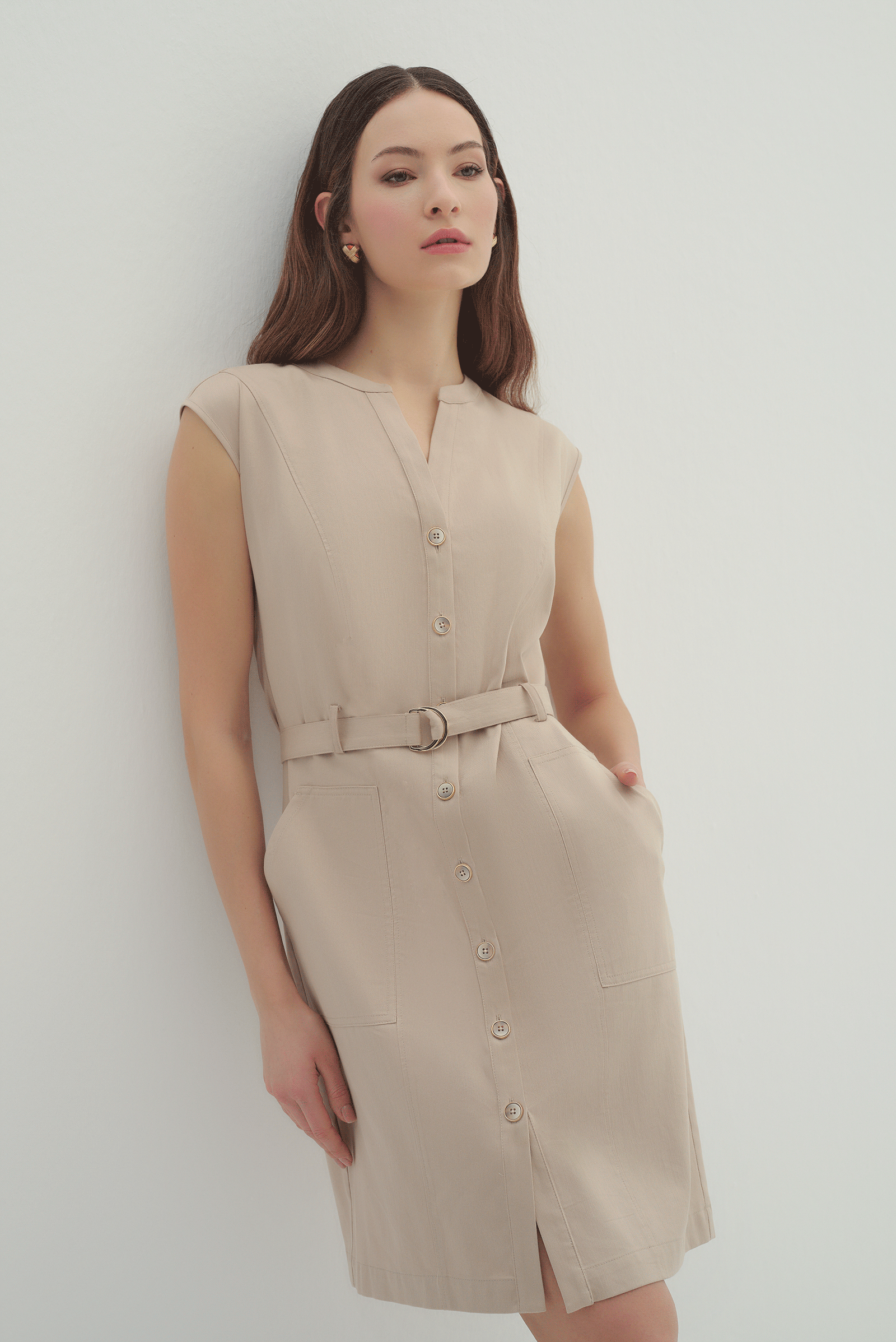 Düğmeli Kemerli Midi Boy Elbise