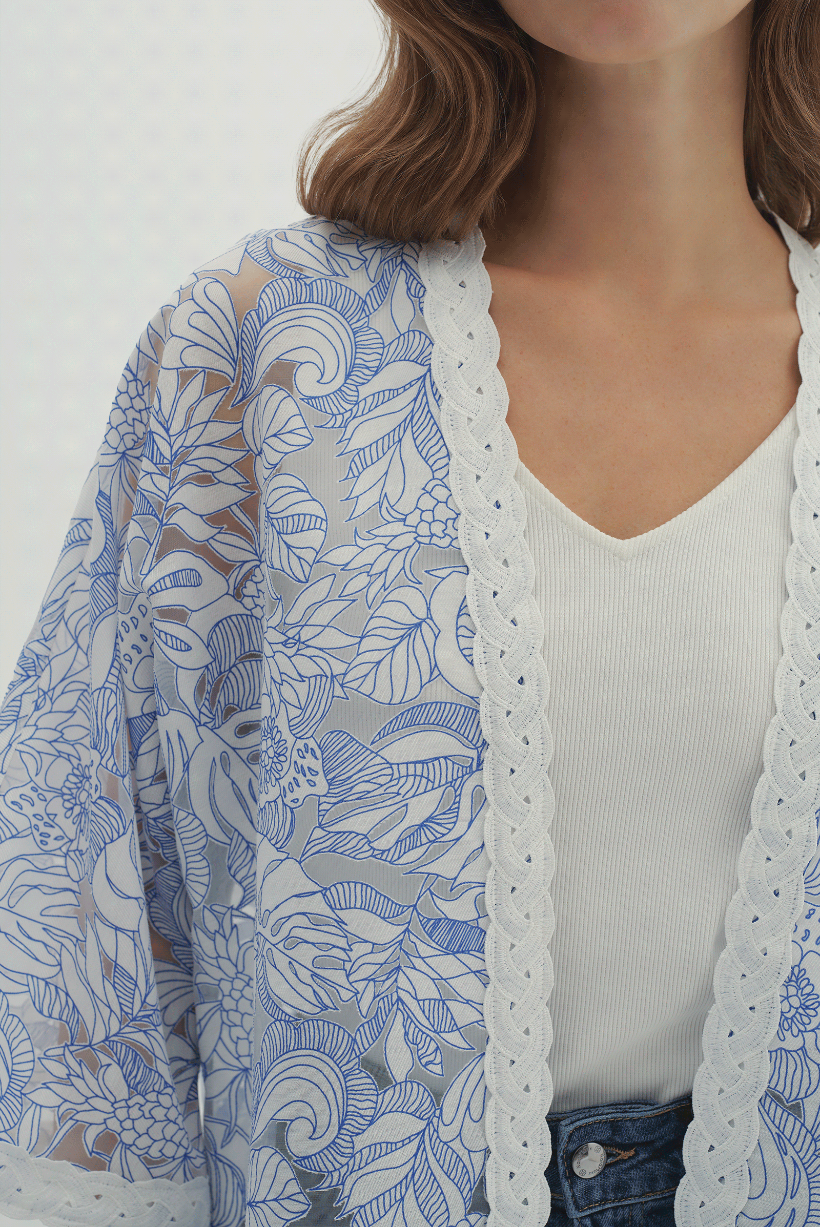 Şerit Detaylı Desenli Kimono