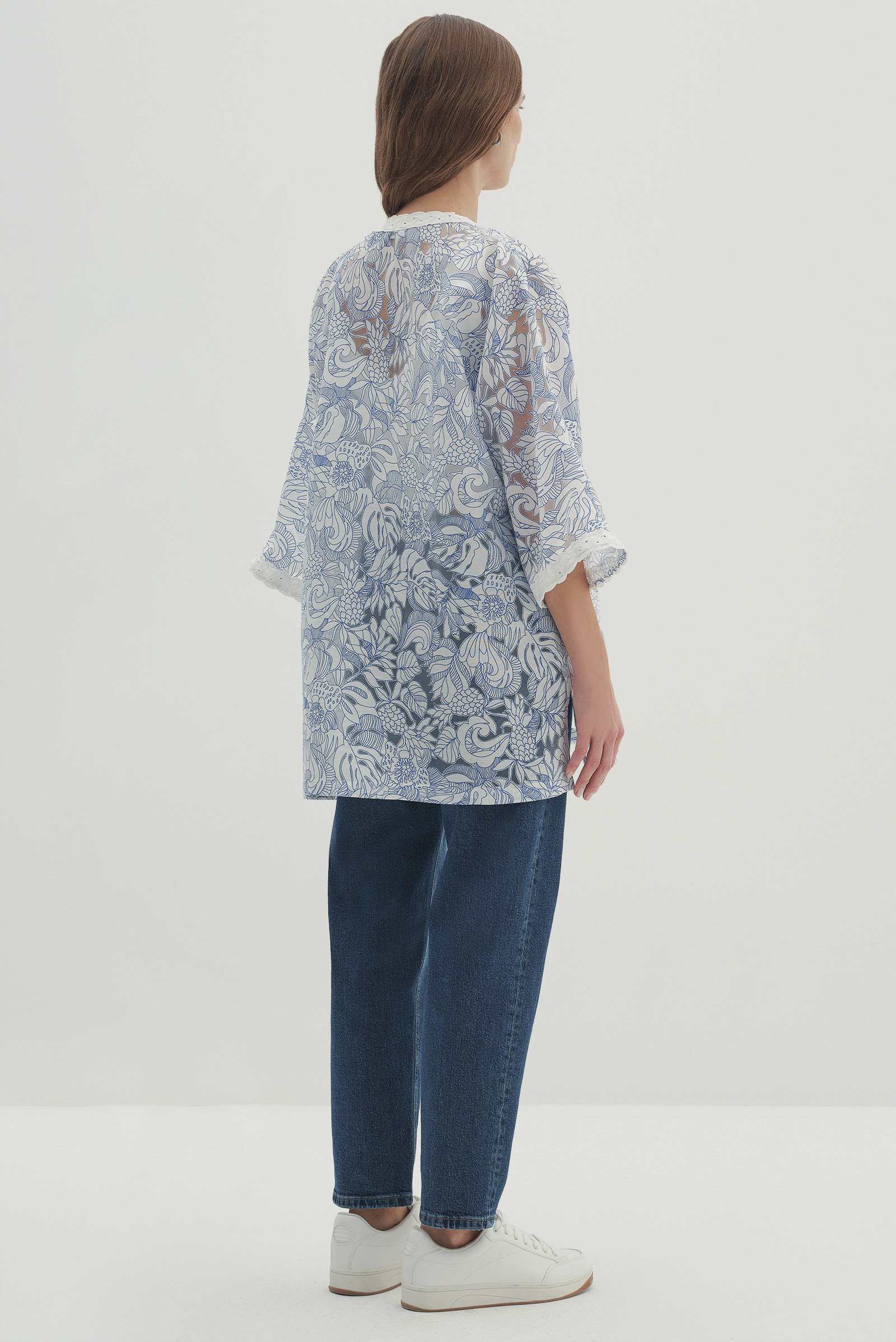 Şerit Detaylı Desenli Kimono