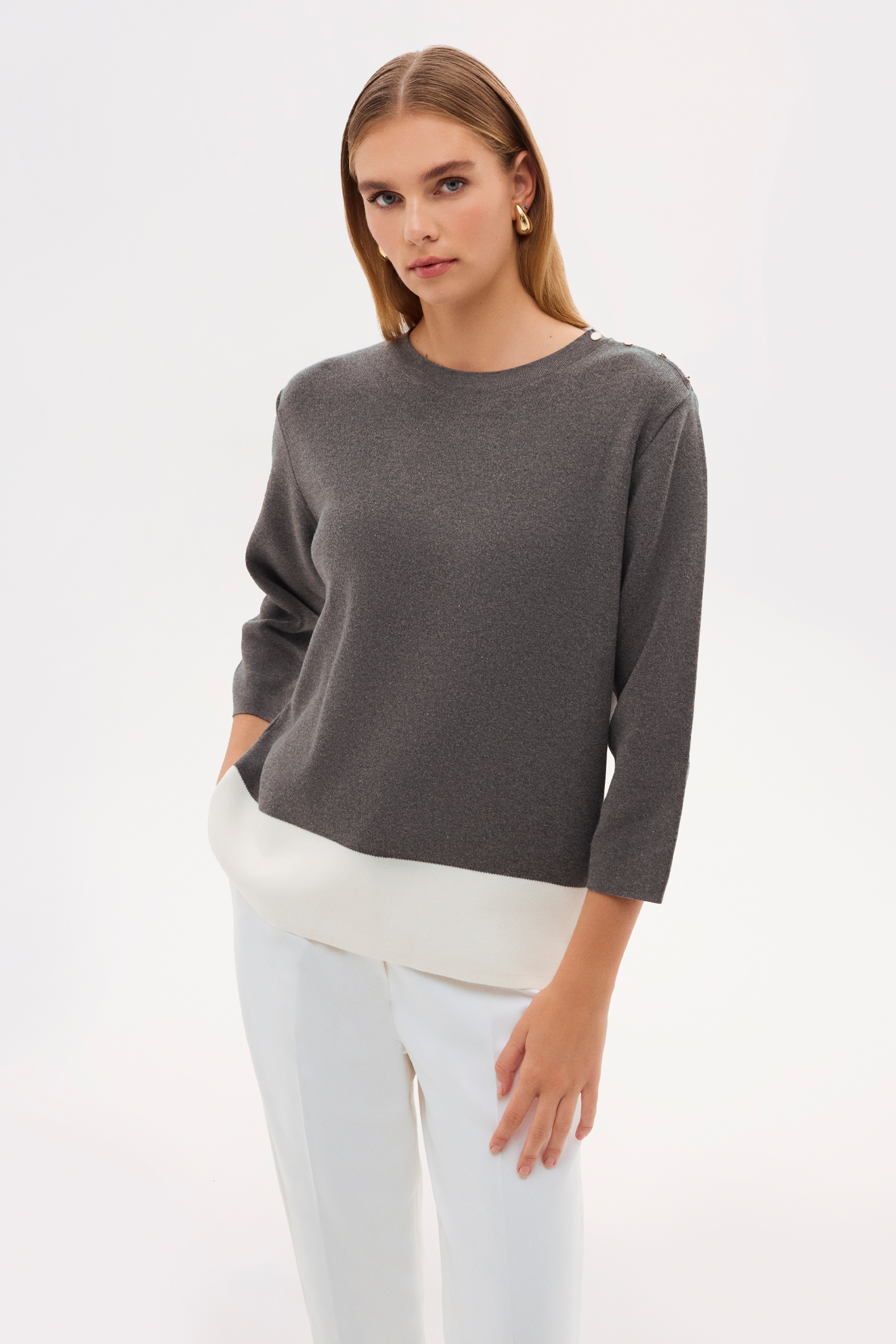 Kontrast Detaylı Truvakar Kol Triko Bluz