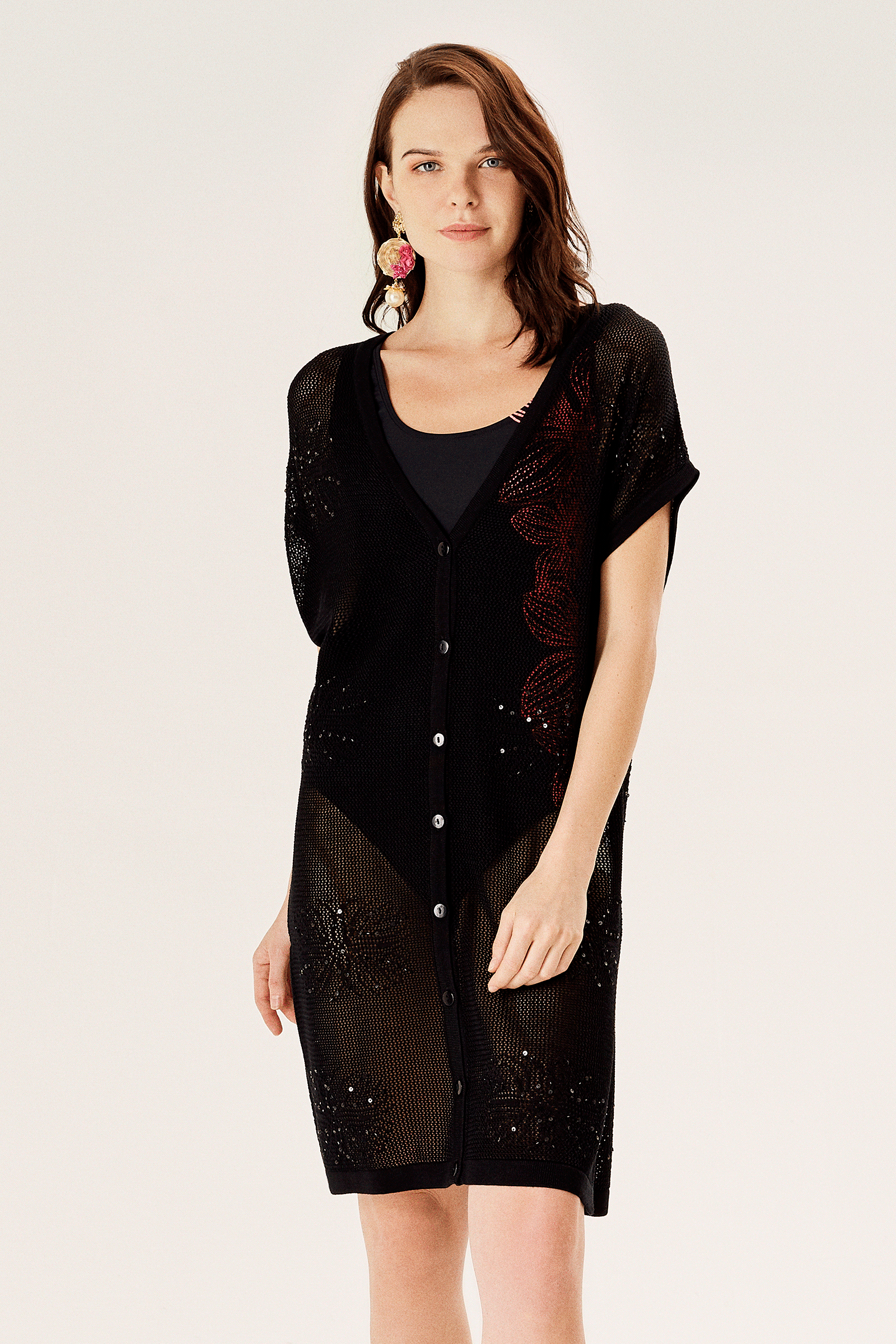 Pul İşlemeli File Triko Hırka