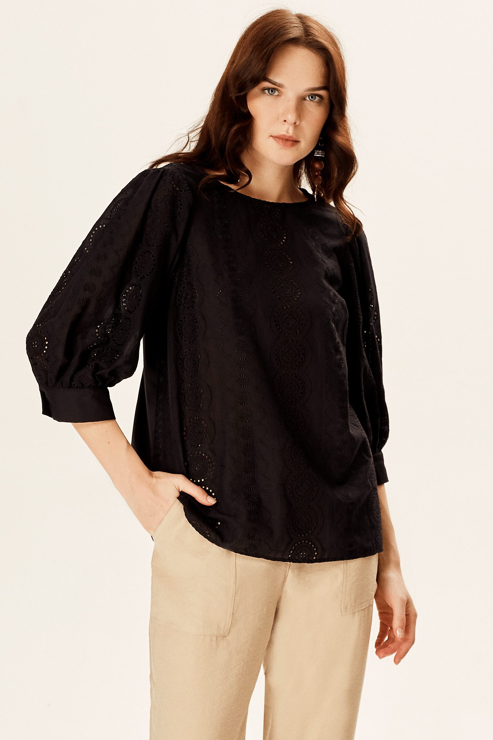 Balon Kollu Brode Bluz