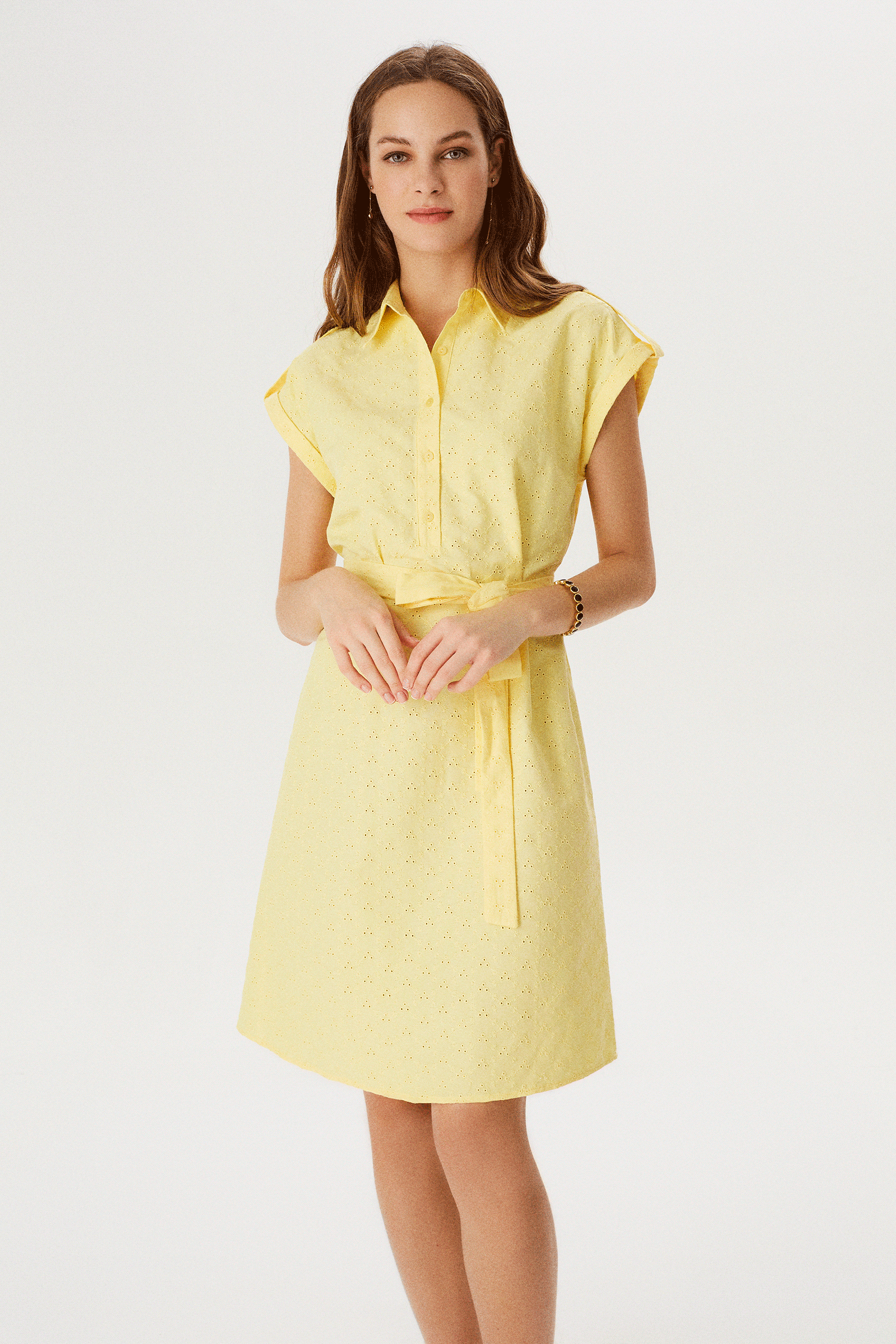 Düşük Kollu Gömlek Yakalı Nakışlı Elbise