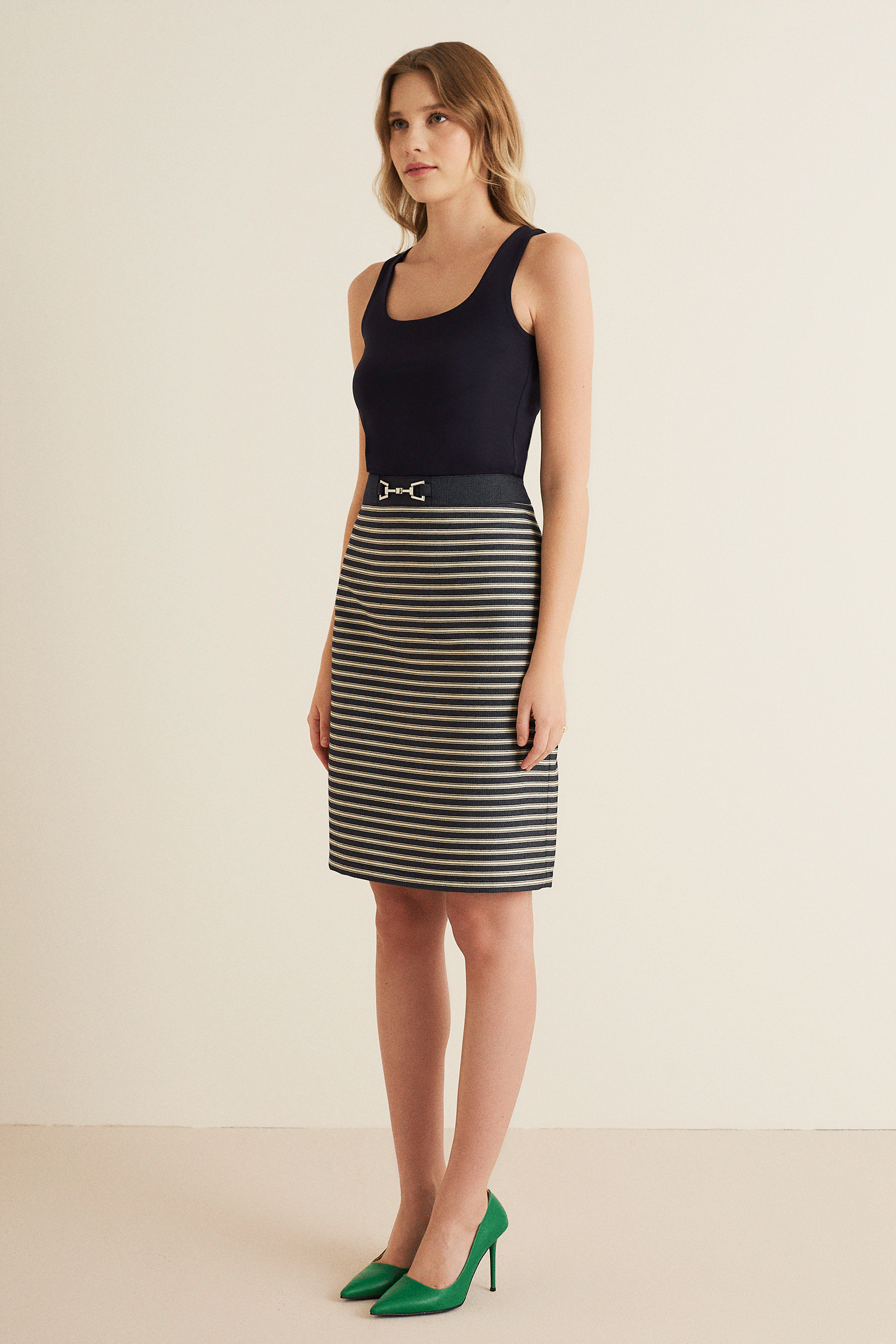 Bel Detaylı Çizgili Etek