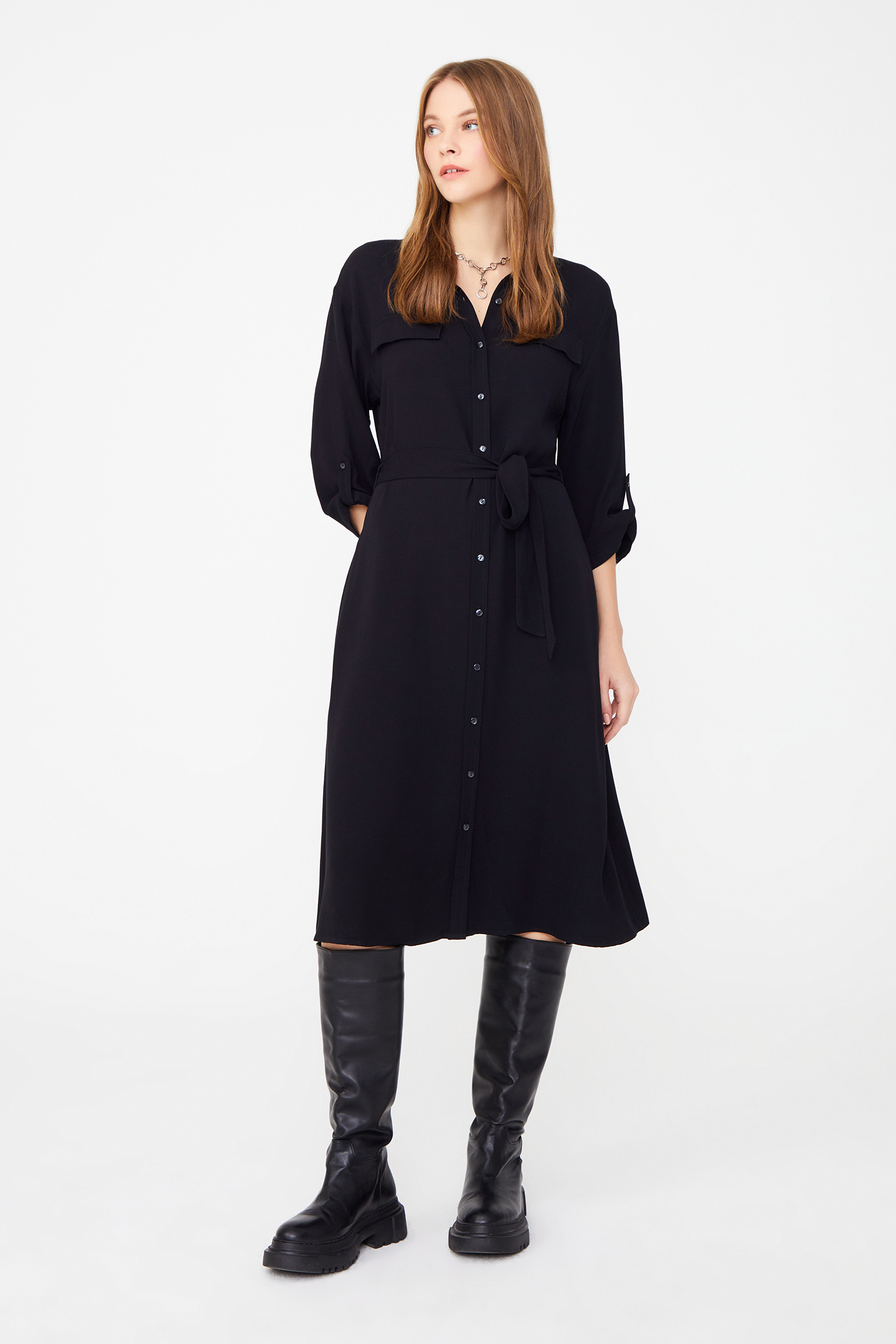 Apoletli Diz Boy Gömlek Elbise