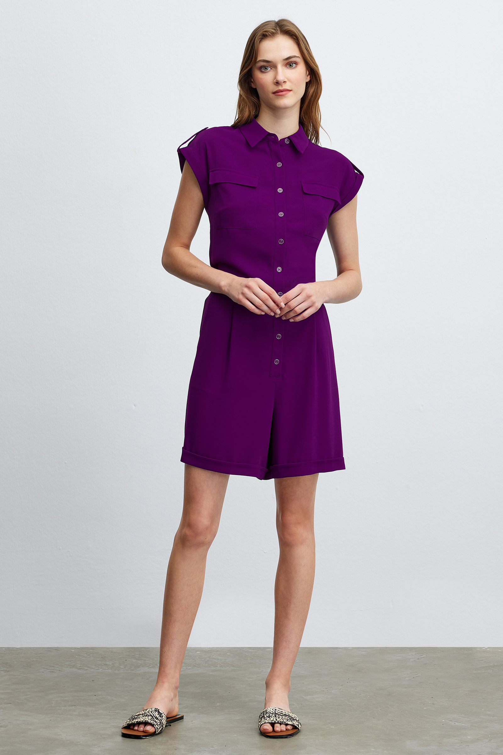 Gömlek Yakalı Şort Tulum