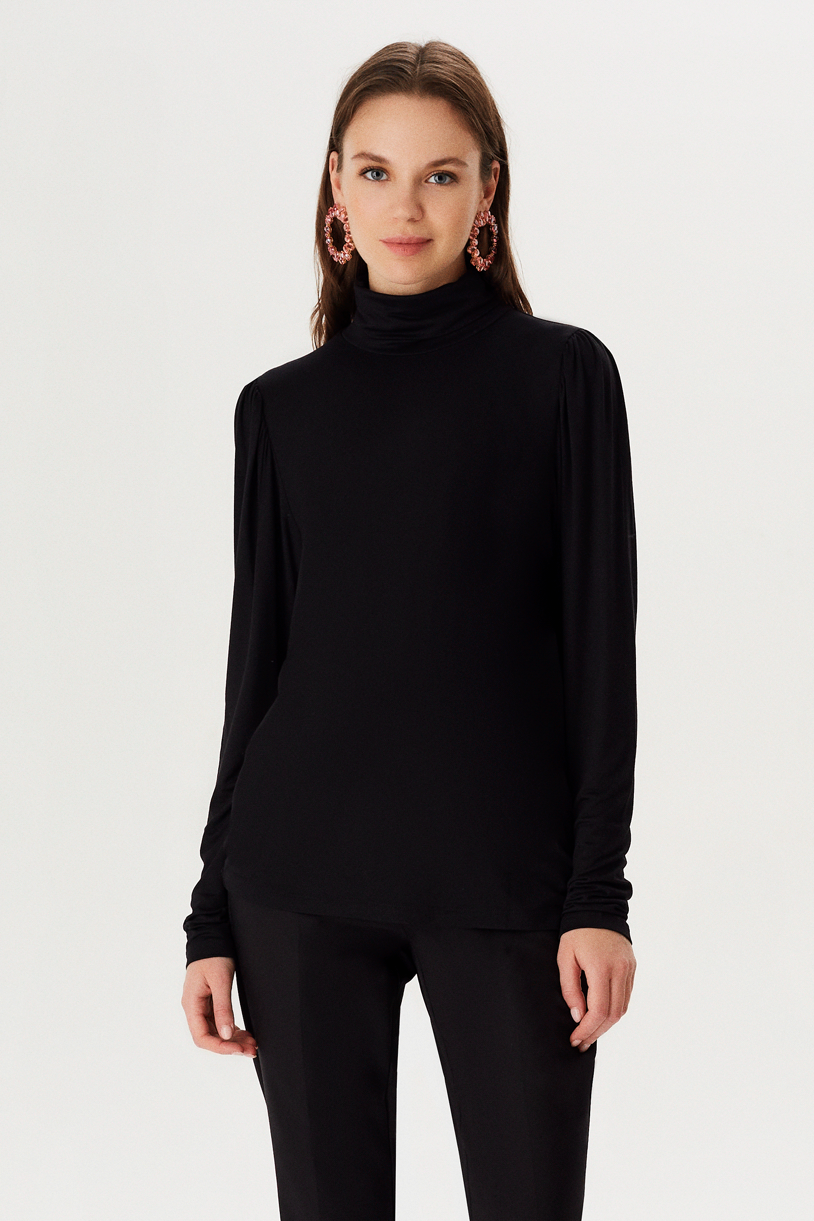 Balıkçı Yaka Omuzlar Büzgülü Penye Bluz