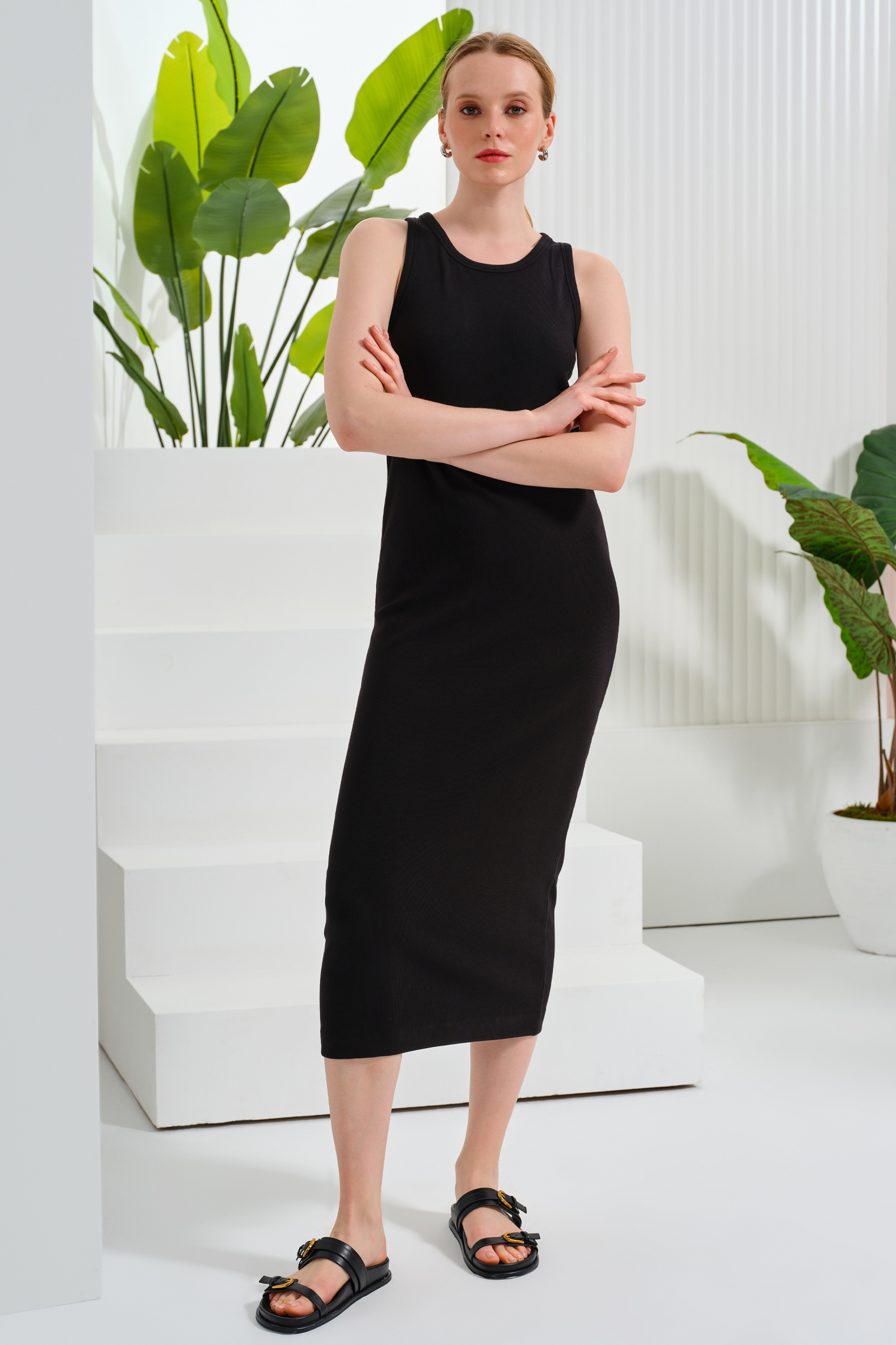 Midi Boy Çizgili Örme Elbise