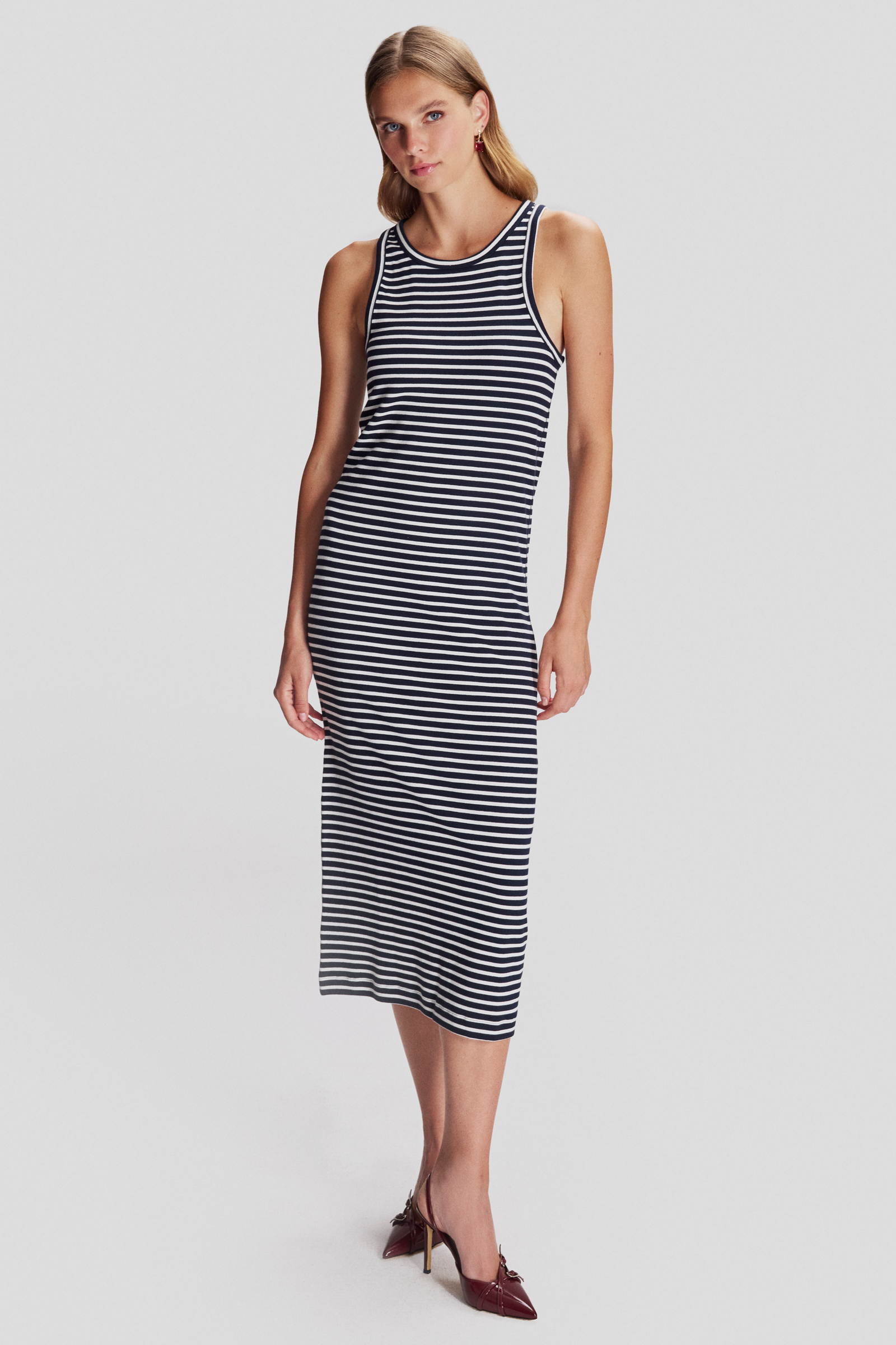 Midi Boy Çizgili Örme Elbise