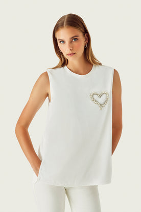 Taşlı Kalp Baskılı Kolsuz T-Shirt