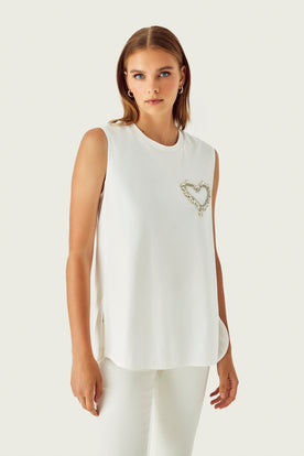 Taşlı Kalp Baskılı Kolsuz T-Shirt