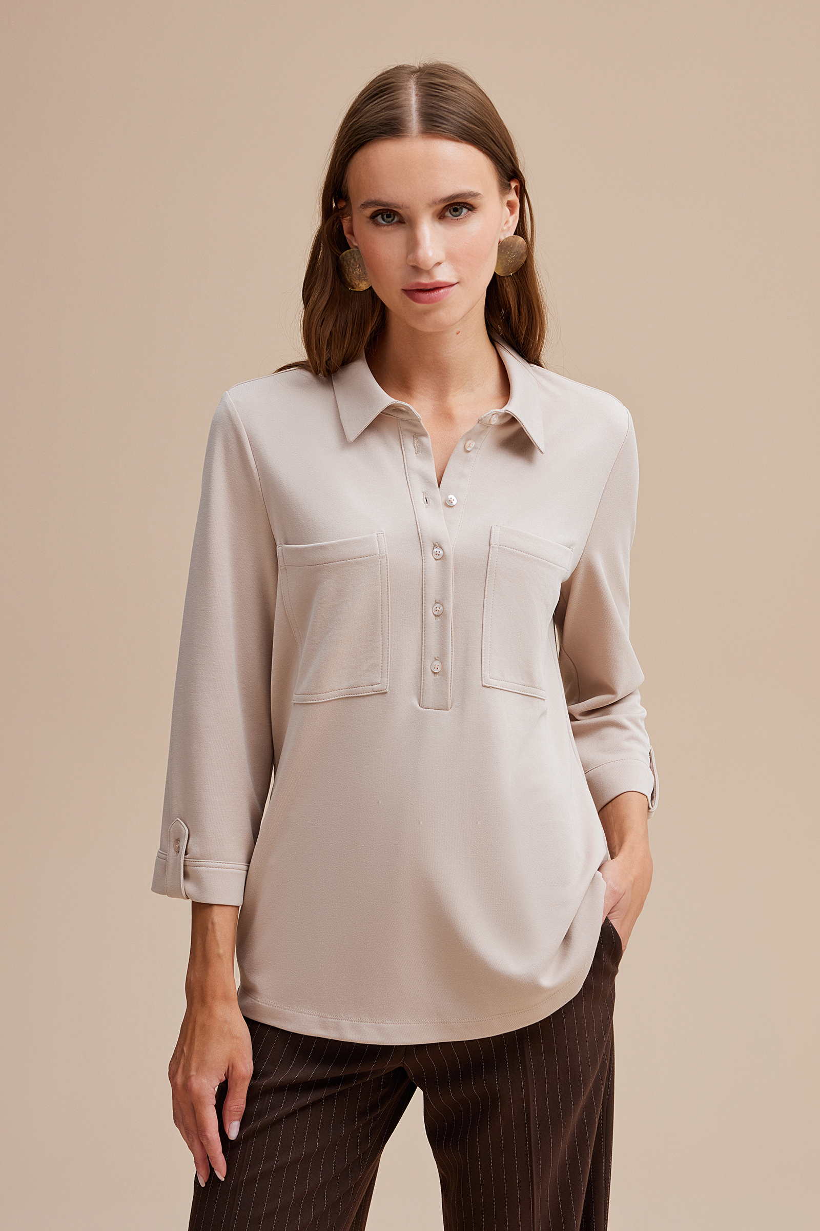 Gömlek Yaka Yarım Patlı Örme Bluz