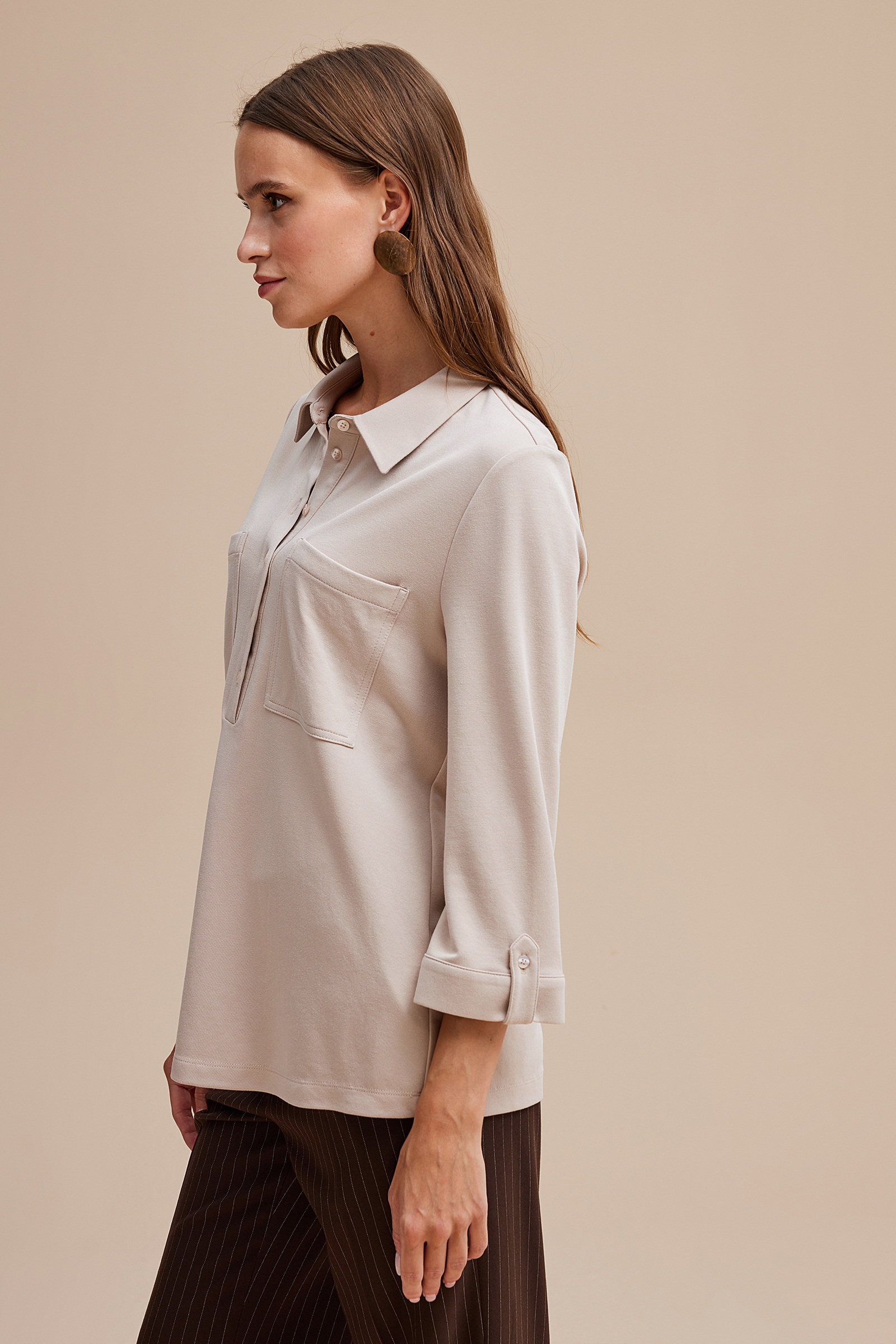 Gömlek Yaka Yarım Patlı Örme Bluz