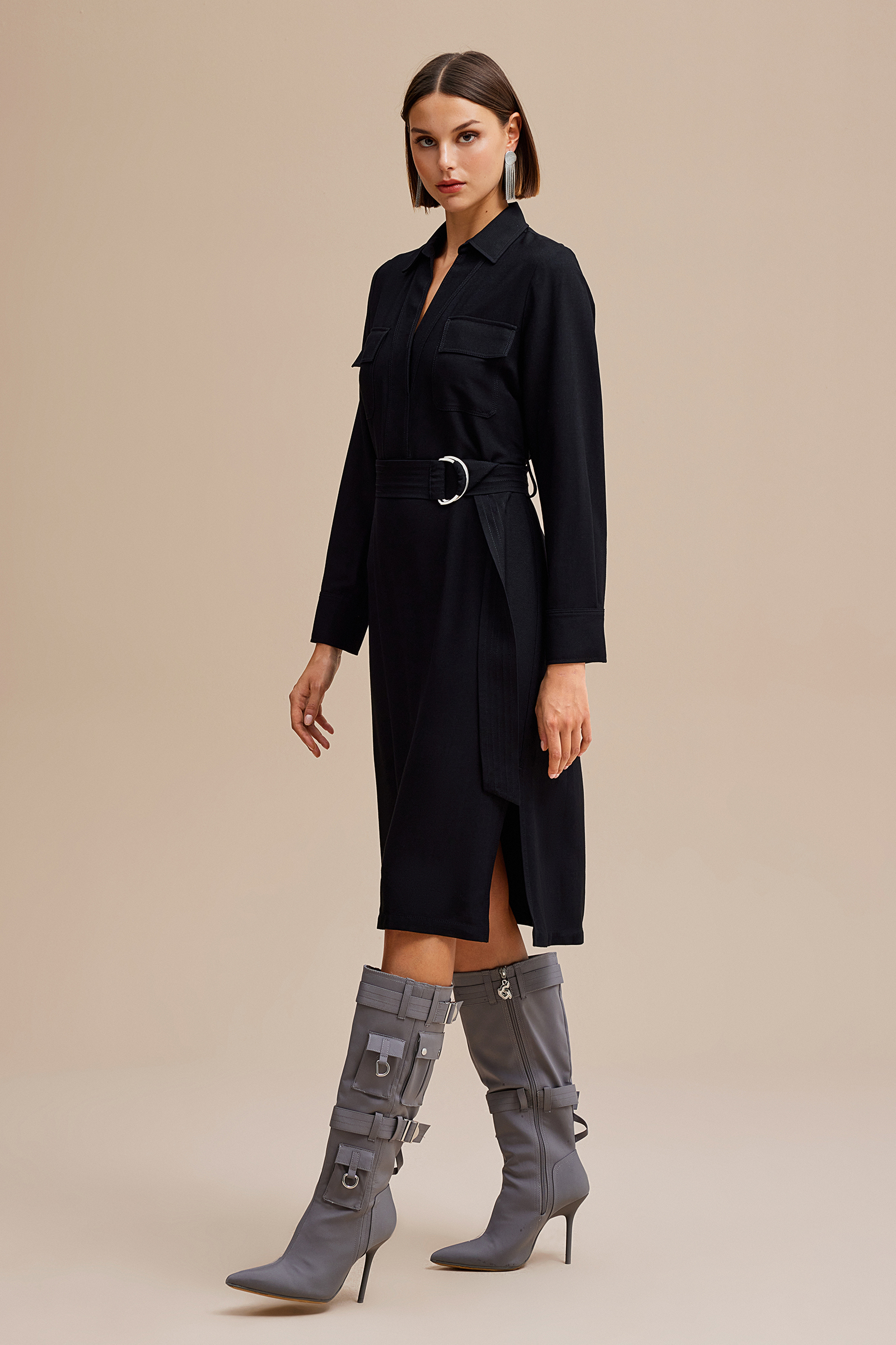 Yırtmaçlı Gömlek Yaka Midi Boy Elbise