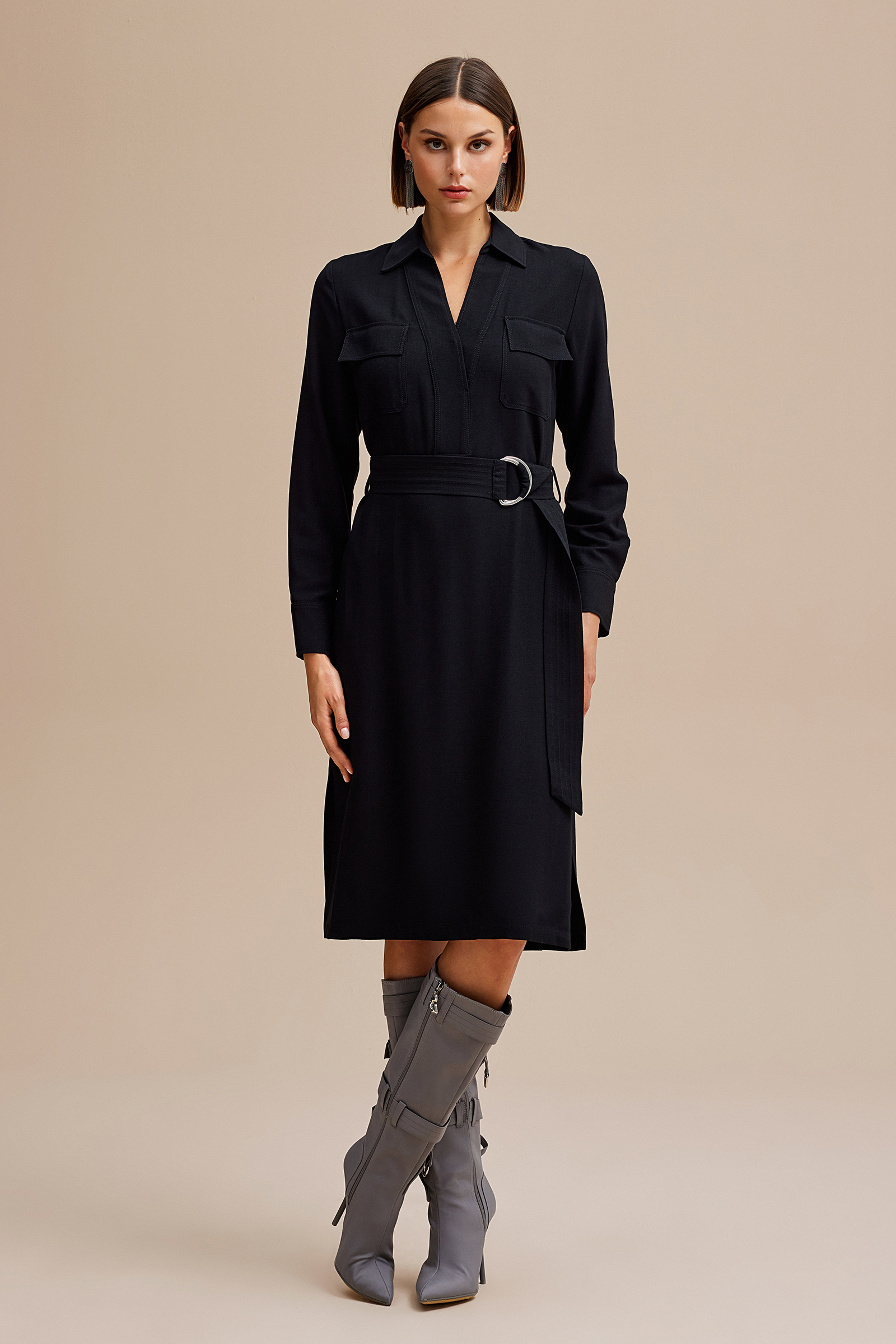 Yırtmaçlı Gömlek Yaka Midi Boy Elbise