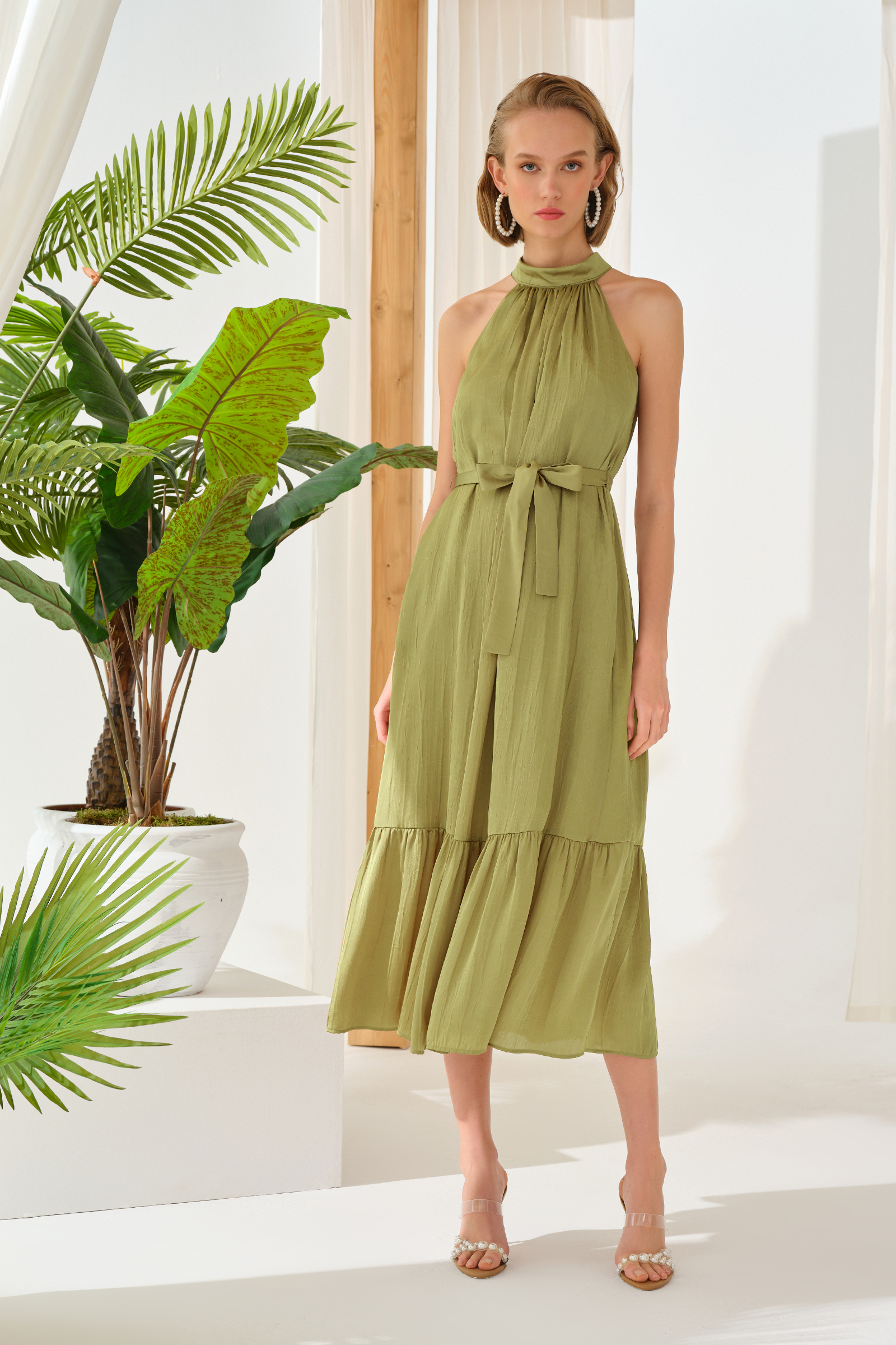 Fırfırlı Midi Boy Saten Elbise