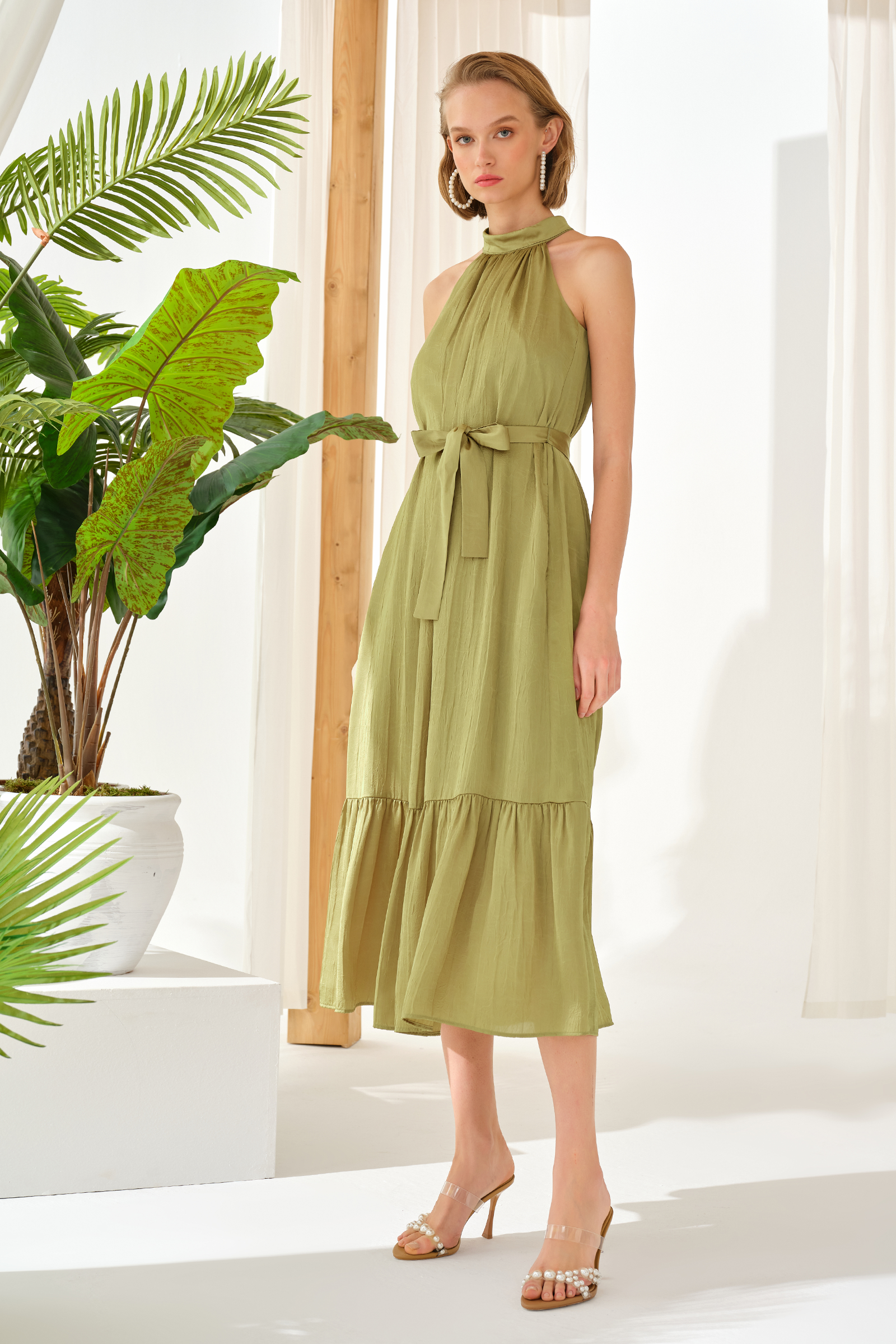 Fırfırlı Midi Boy Saten Elbise