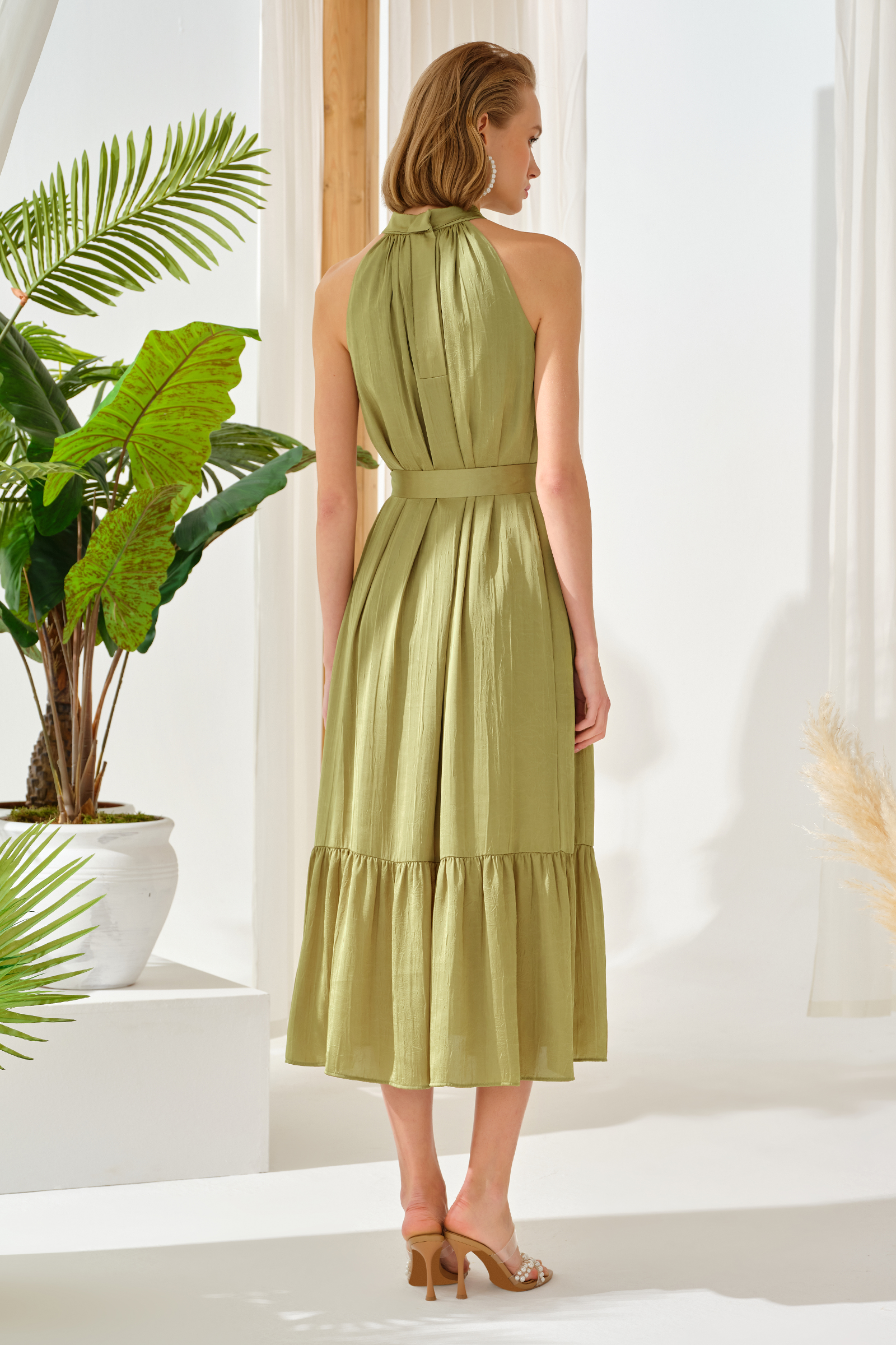 Fırfırlı Midi Boy Saten Elbise