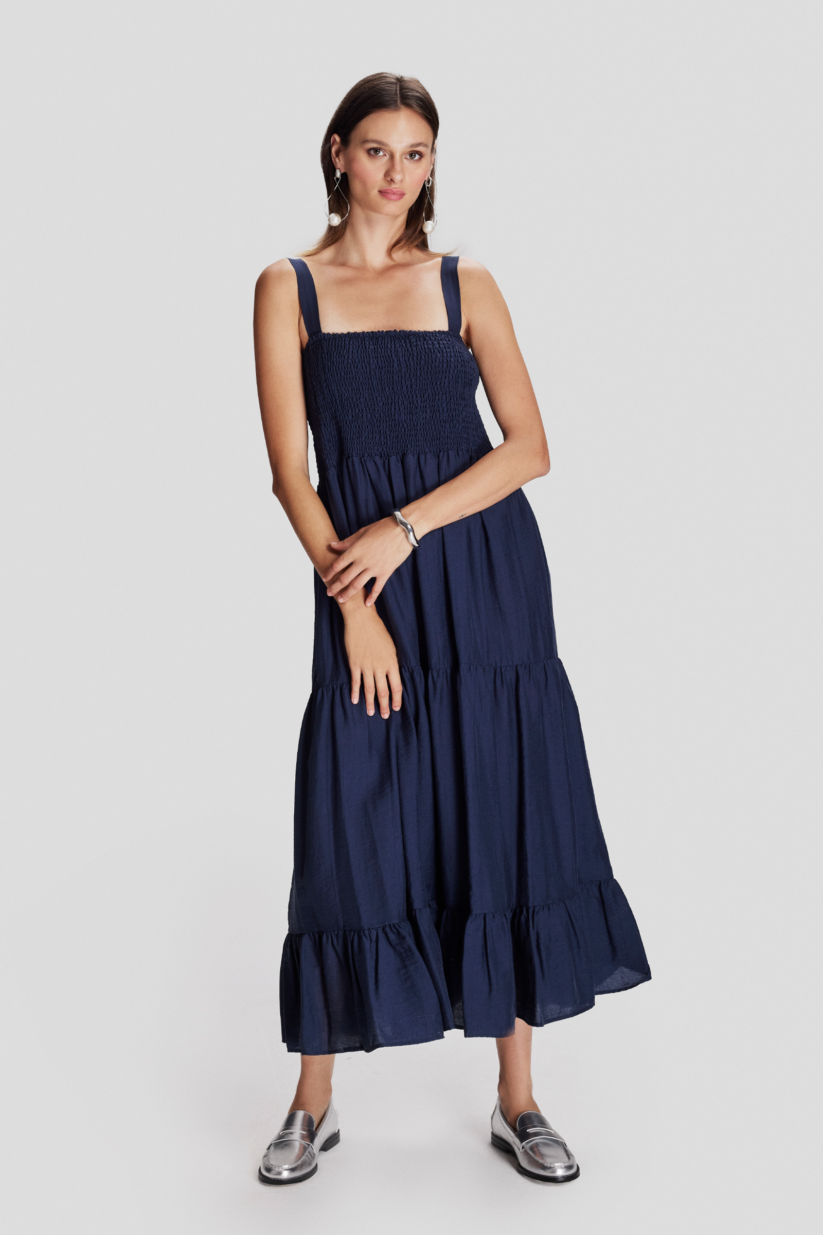 Askılı Fırfırlı Uzun Elbise