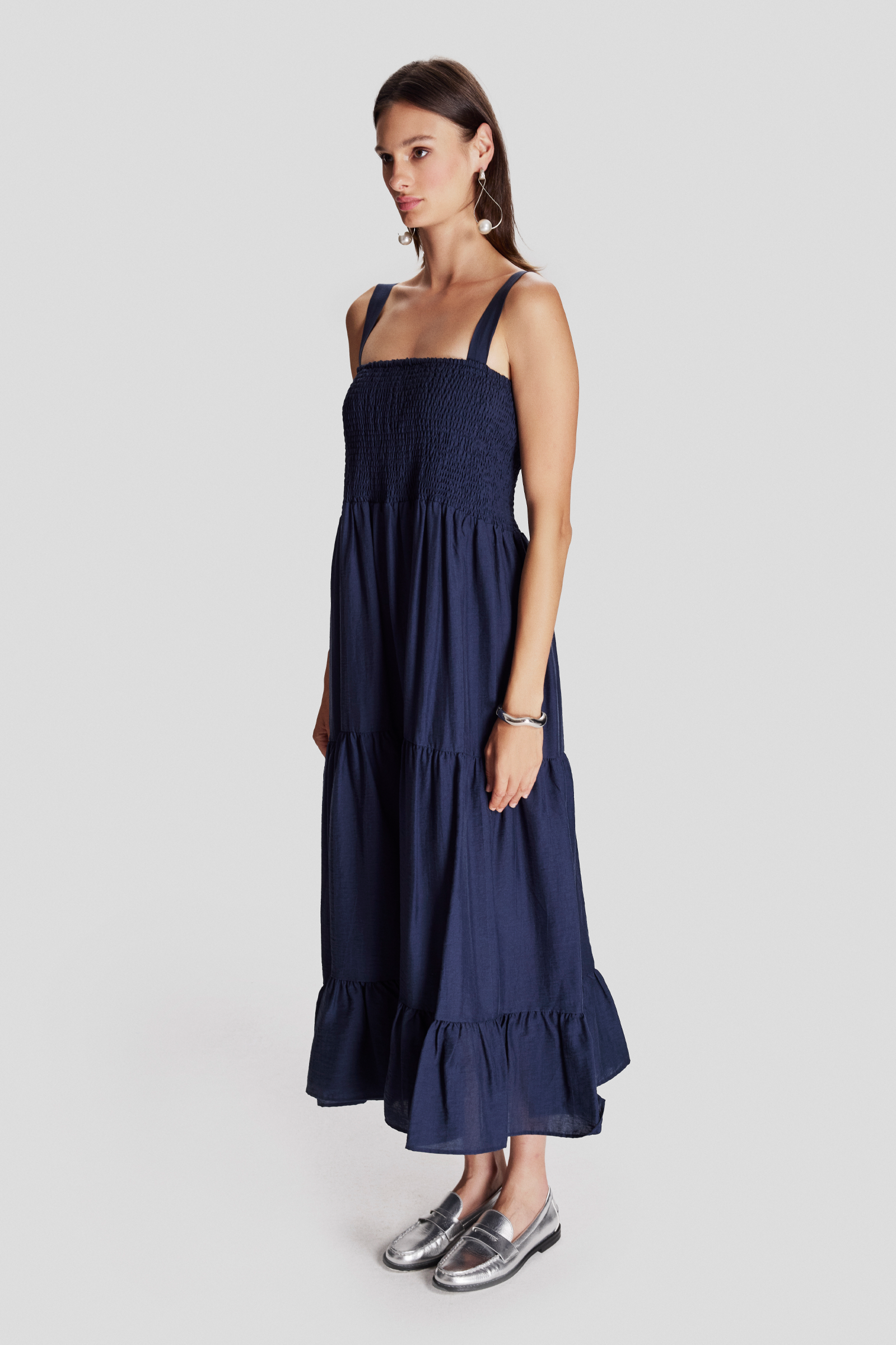 Askılı Fırfırlı Uzun Elbise