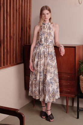 Halter Yaka Midi Boy Desenli Elbise