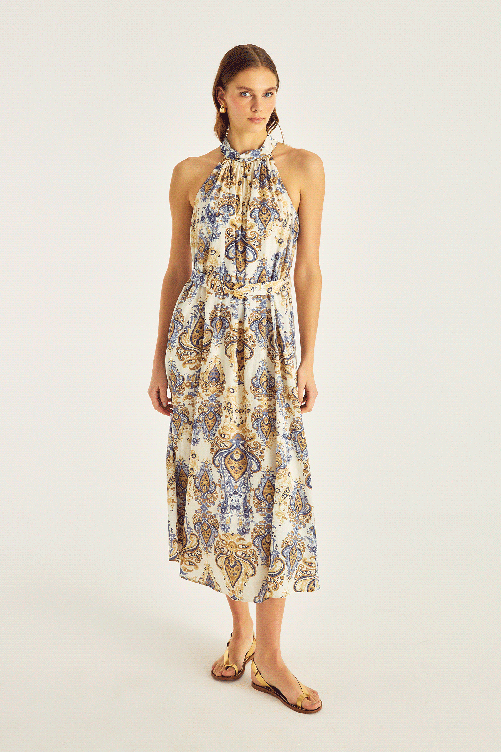 Halter Yaka Midi Boy Desenli Elbise