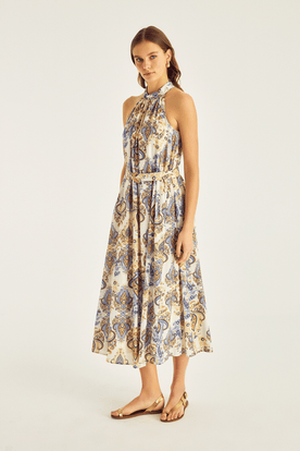 Halter Yaka Midi Boy Desenli Elbise
