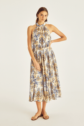 Halter Yaka Midi Boy Desenli Elbise