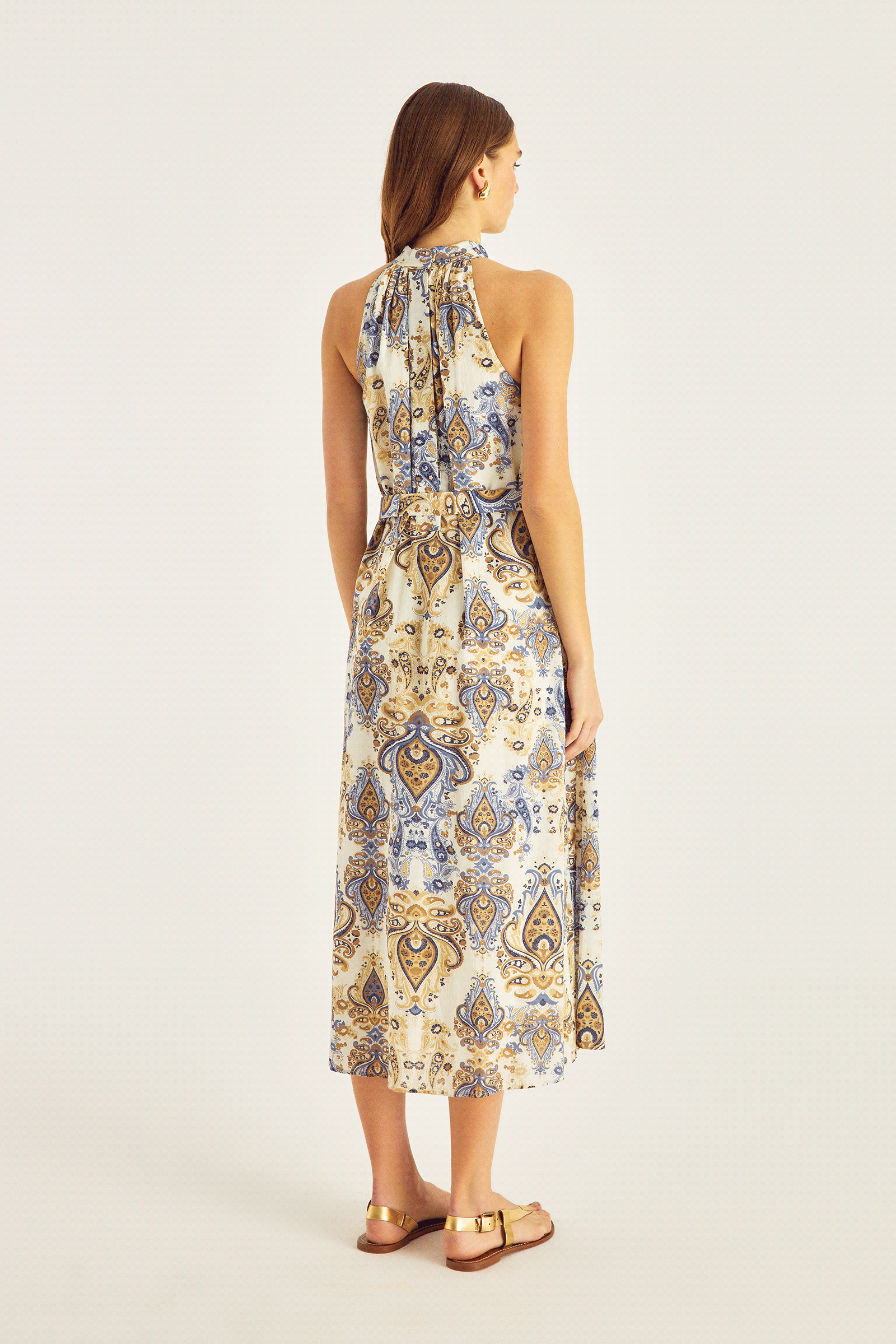 Halter Yaka Midi Boy Desenli Elbise