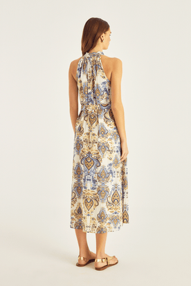 Halter Yaka Midi Boy Desenli Elbise