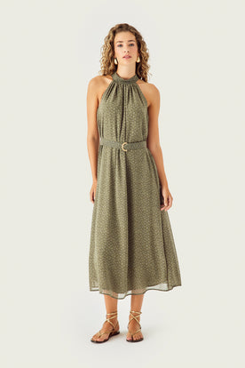 Halter Yaka Midi Boy Desenli Elbise
