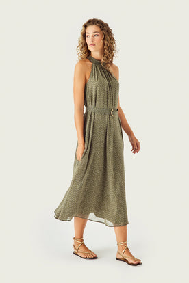 Halter Yaka Midi Boy Desenli Elbise