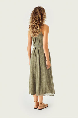 Halter Yaka Midi Boy Desenli Elbise