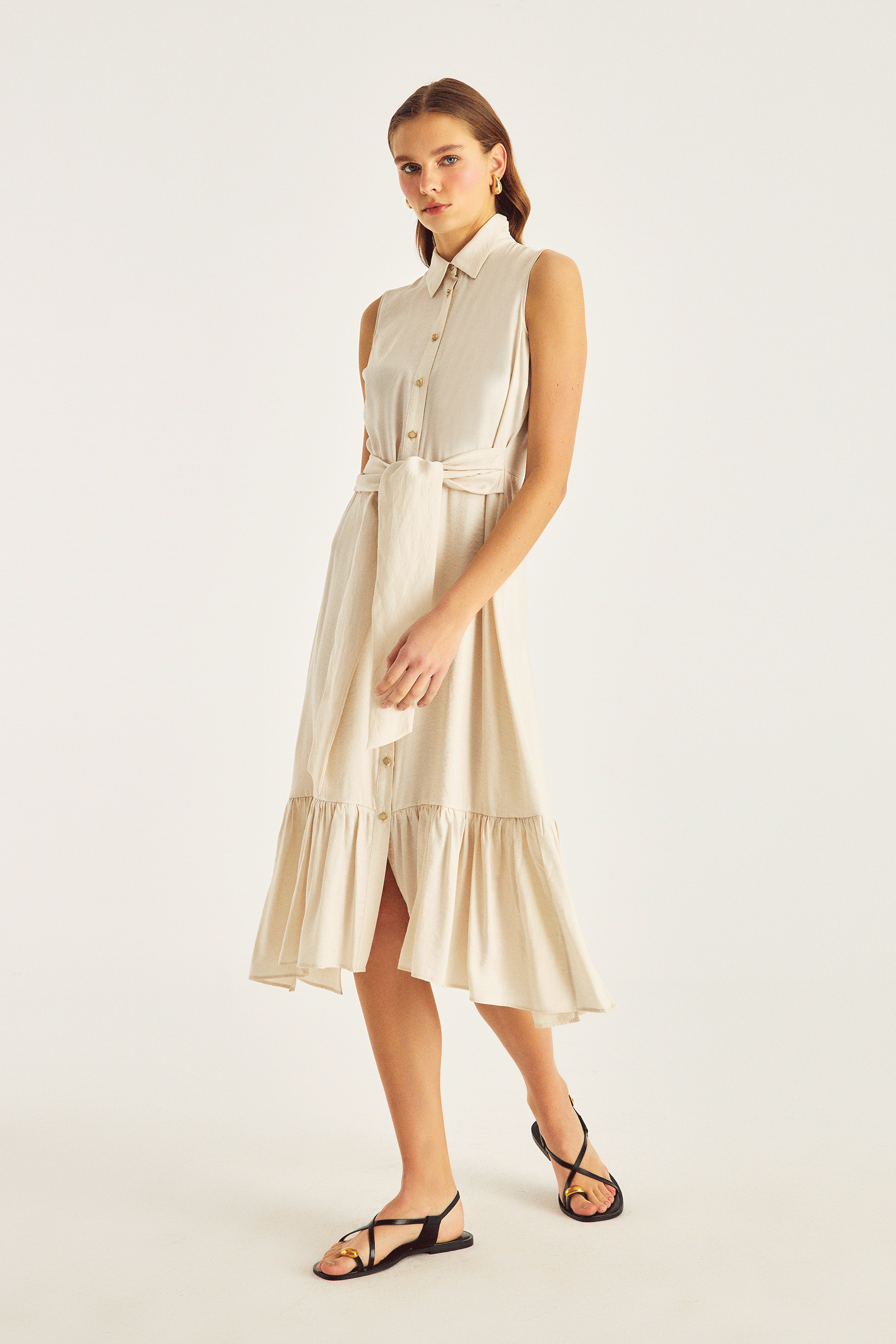 Bağlama Detaylı Midi Boy Fırfırlı Elbise