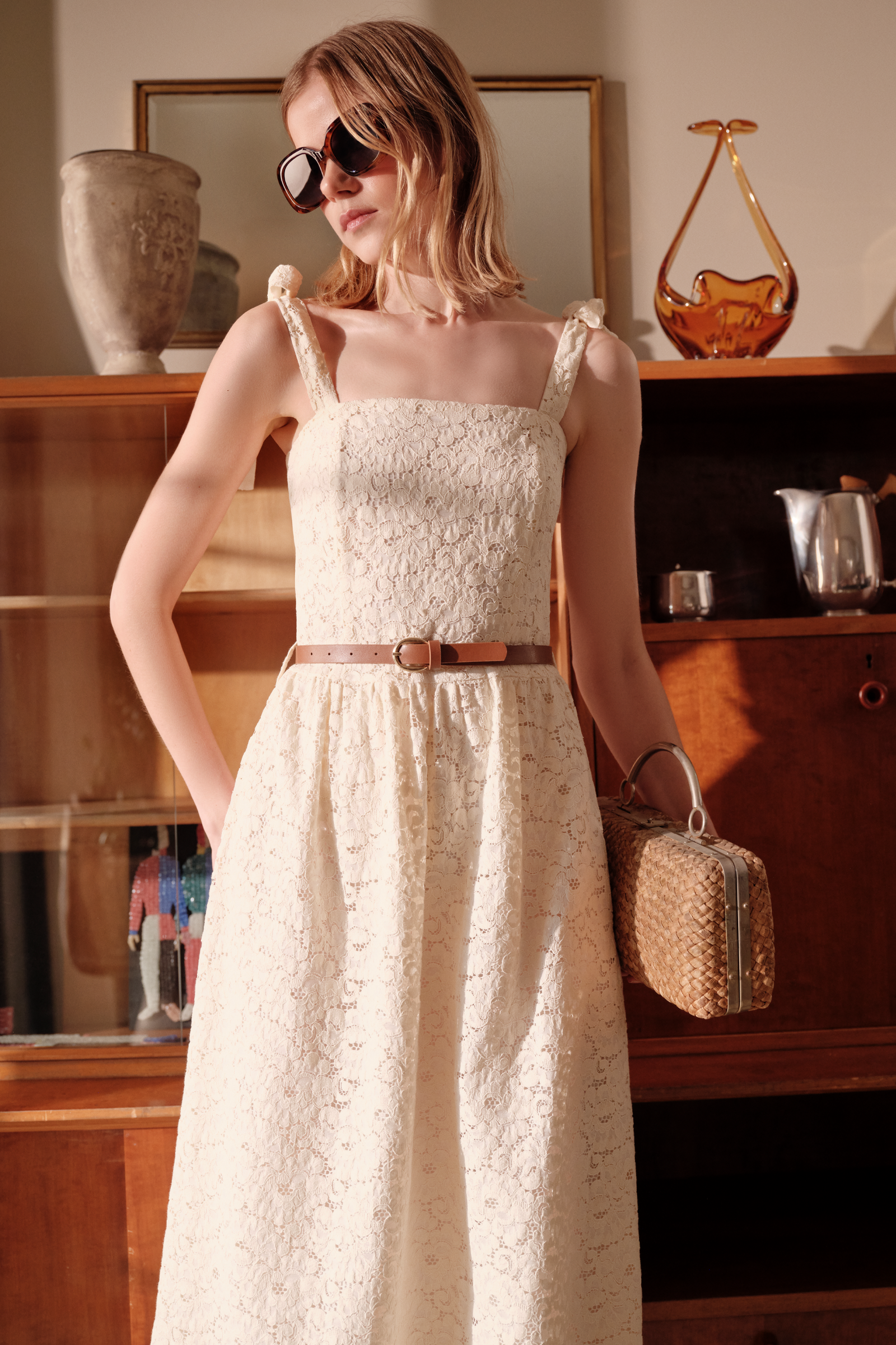 Lace Midi Dress with Belt – NaraMaxx
