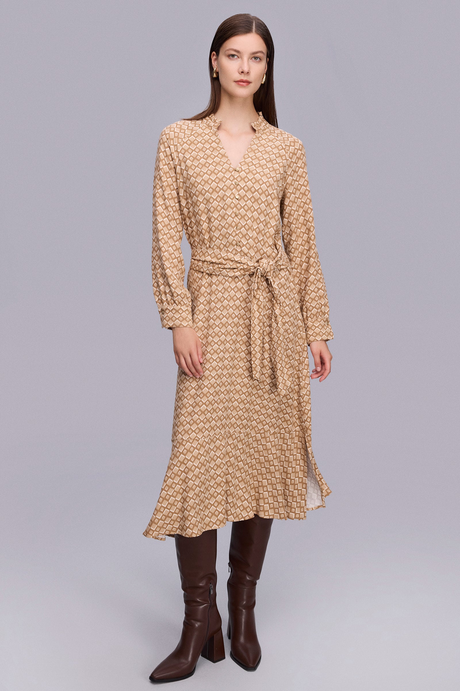 Geometrik Desen Kışaklı Midi Boy Elbise