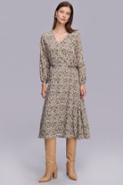 Beli Lastik Detaylı Desenli Midi Boy Elbise