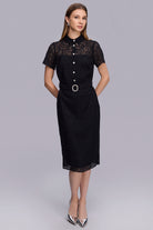 Taşlı Düğmeli Midi Boy Dantel Elbise