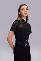 Taşlı Düğmeli Midi Boy Dantel Elbise