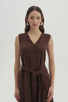 V Yaka Kemerli Midi Elbise