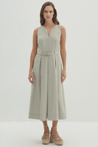 V Yaka Pileli Midi Boy Elbise