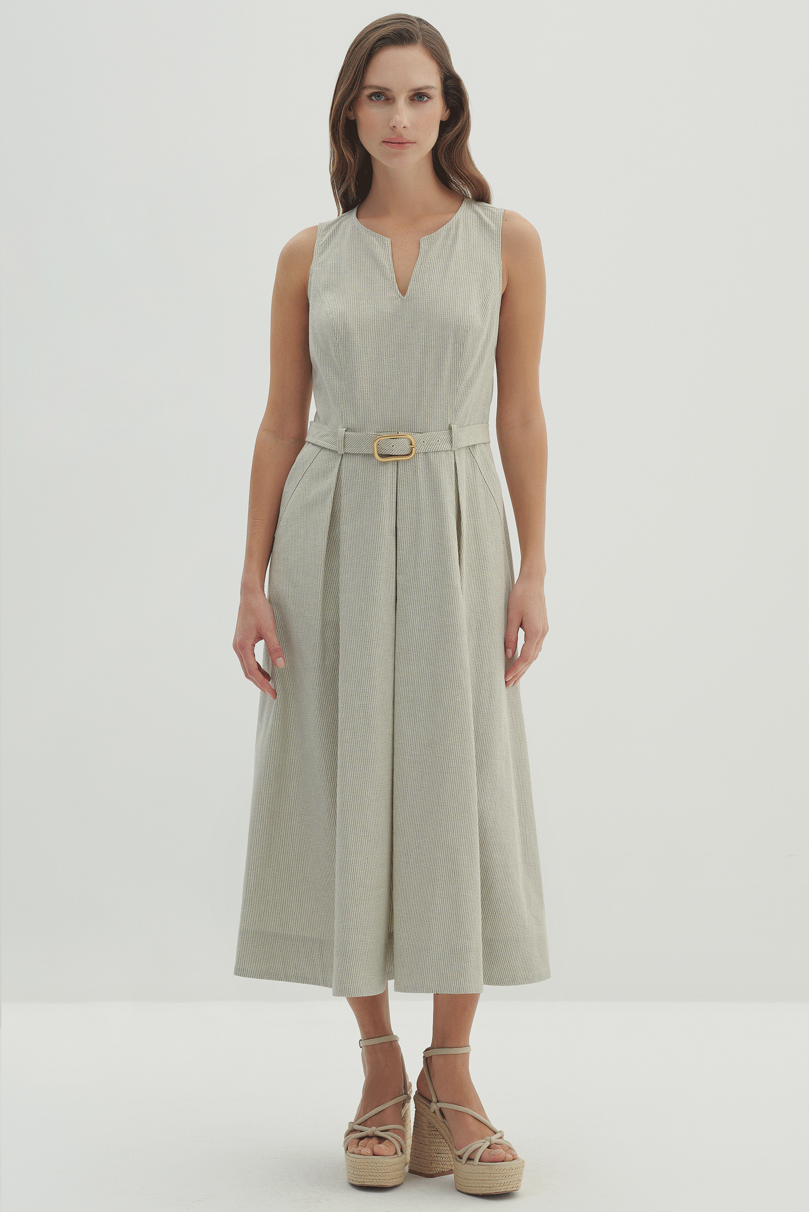 V Yaka Pileli Midi Boy Elbise